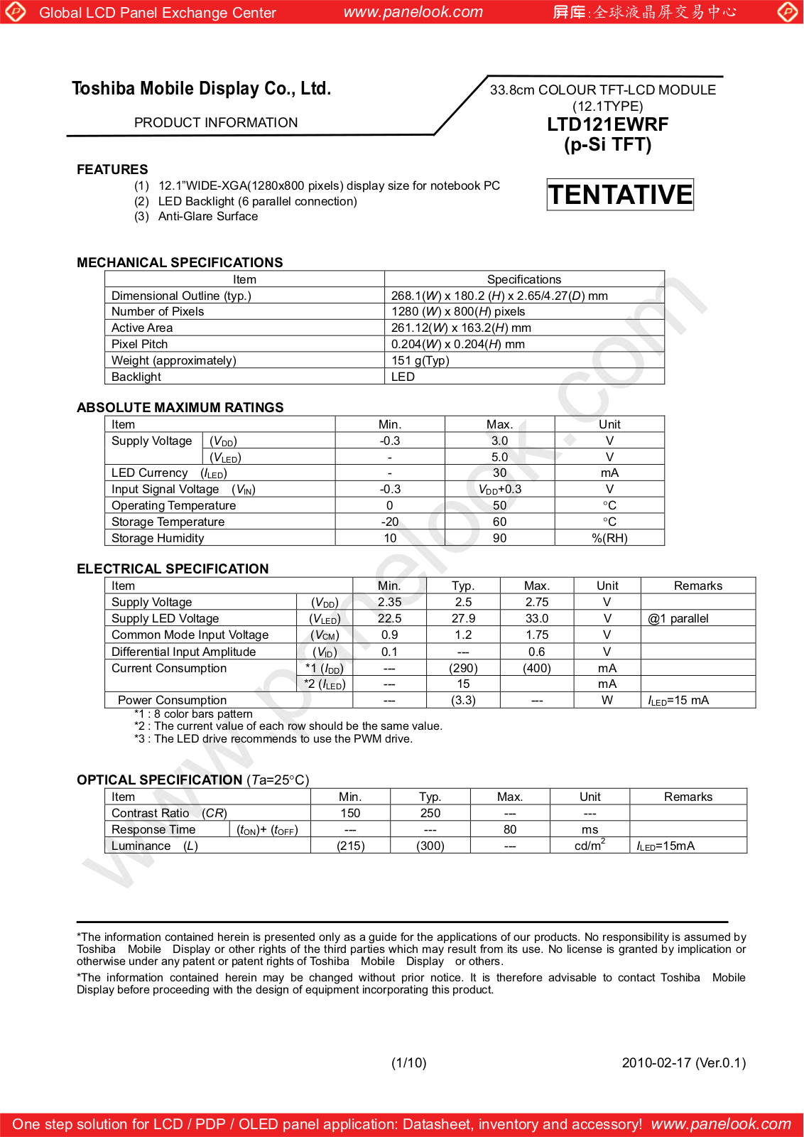 TOSHIBA LTD121EWRF Specification