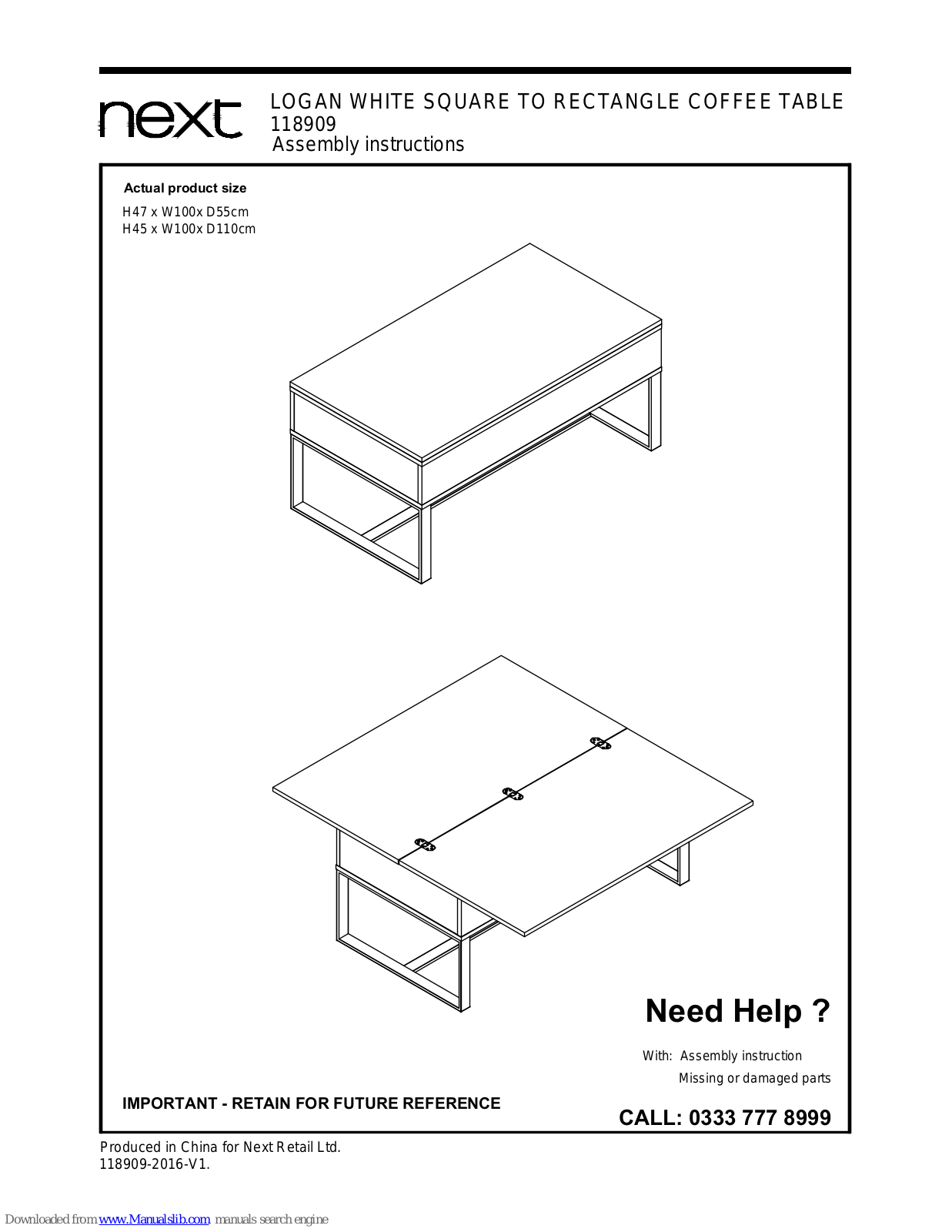 Next 118909, LOGAN WHITE SQUARE TO RECTANGLE COFFEE TABLE Assembly  Manual - ManualMachine.com