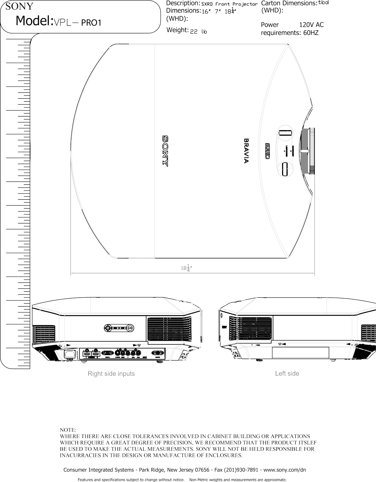 Sony VPL-VWPRO1, VPL-HW20A Dimesions Diagram