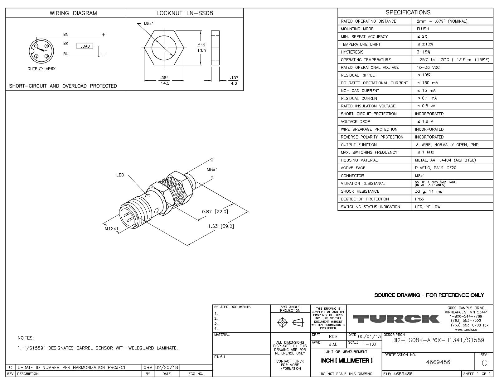 Turck BI2-EG08K-AP6X-H1341S1589 Data Sheet