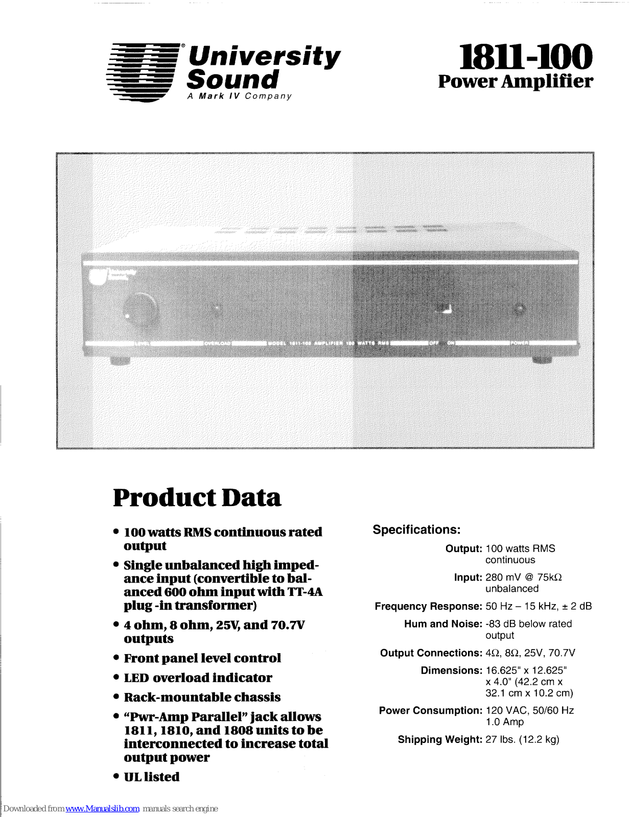 University Sound 1811-100 Product Data