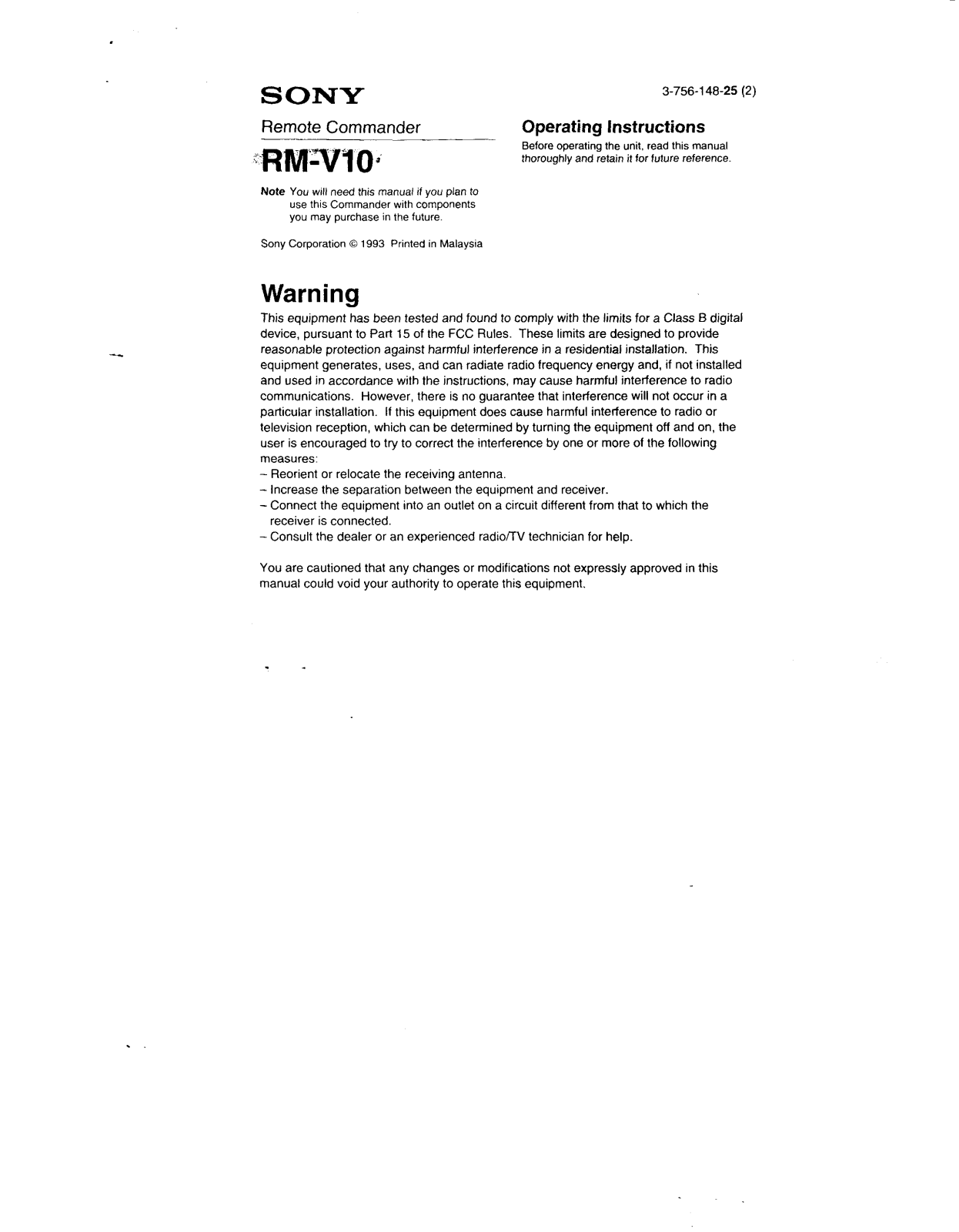 Sony RMV-10 Owners manual