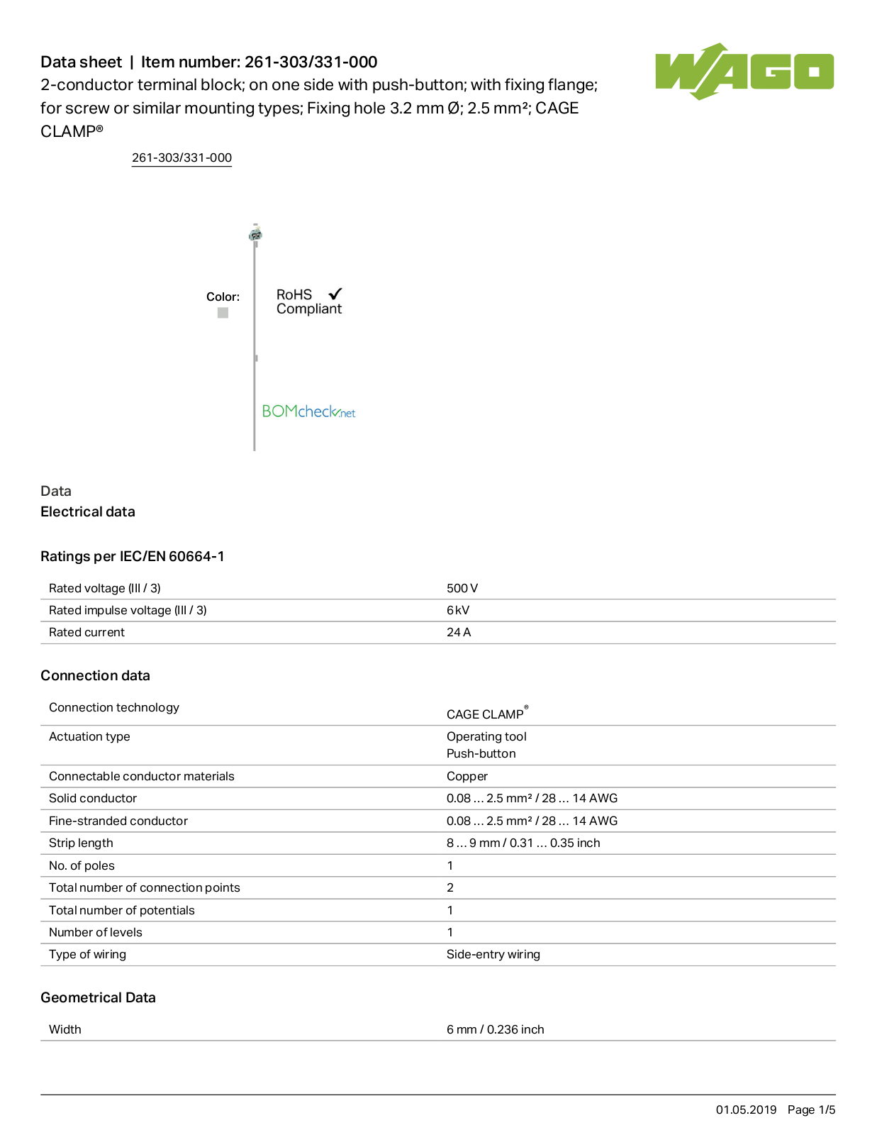 Wago 261-303/331-000 Data Sheet