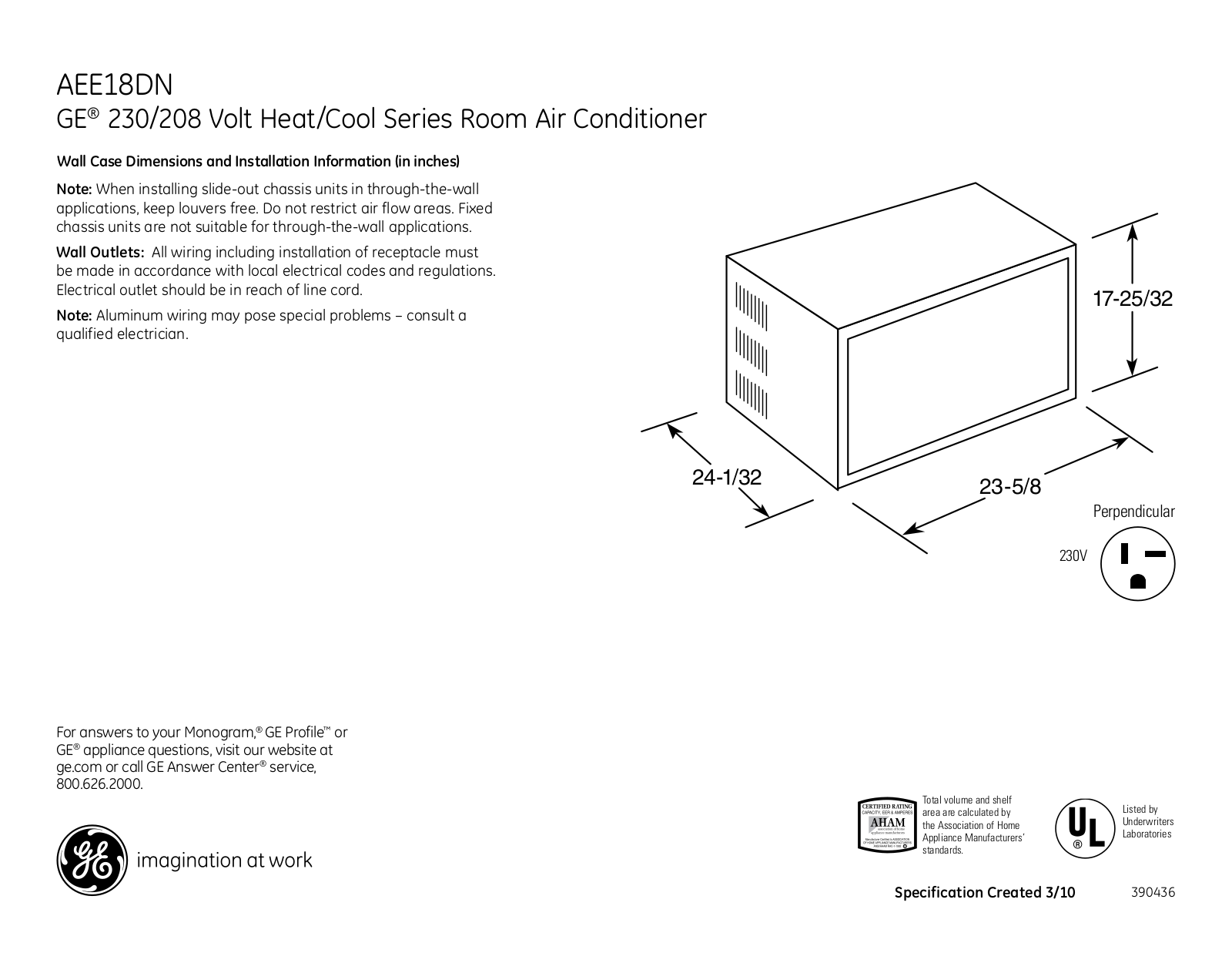 GE AEE18DN Specification