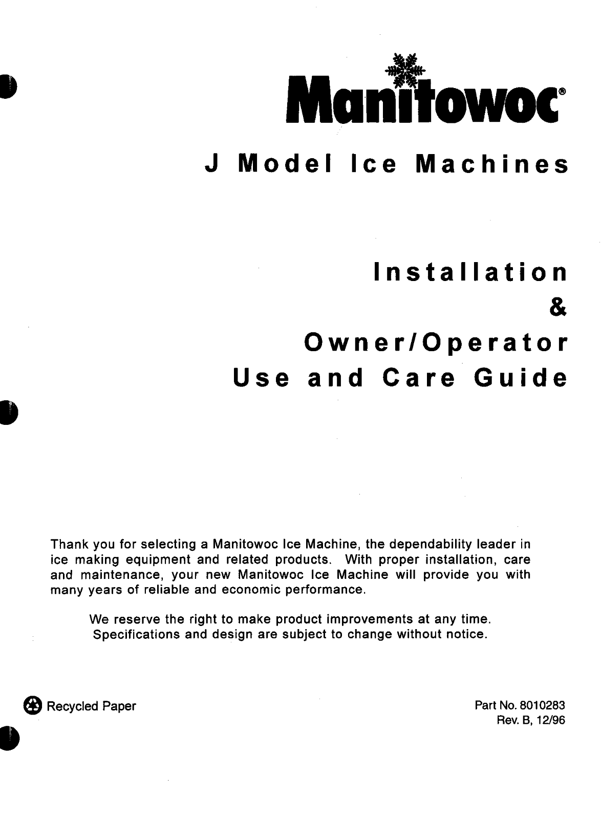 Manitowoc Ice JD1302N Installation Manual