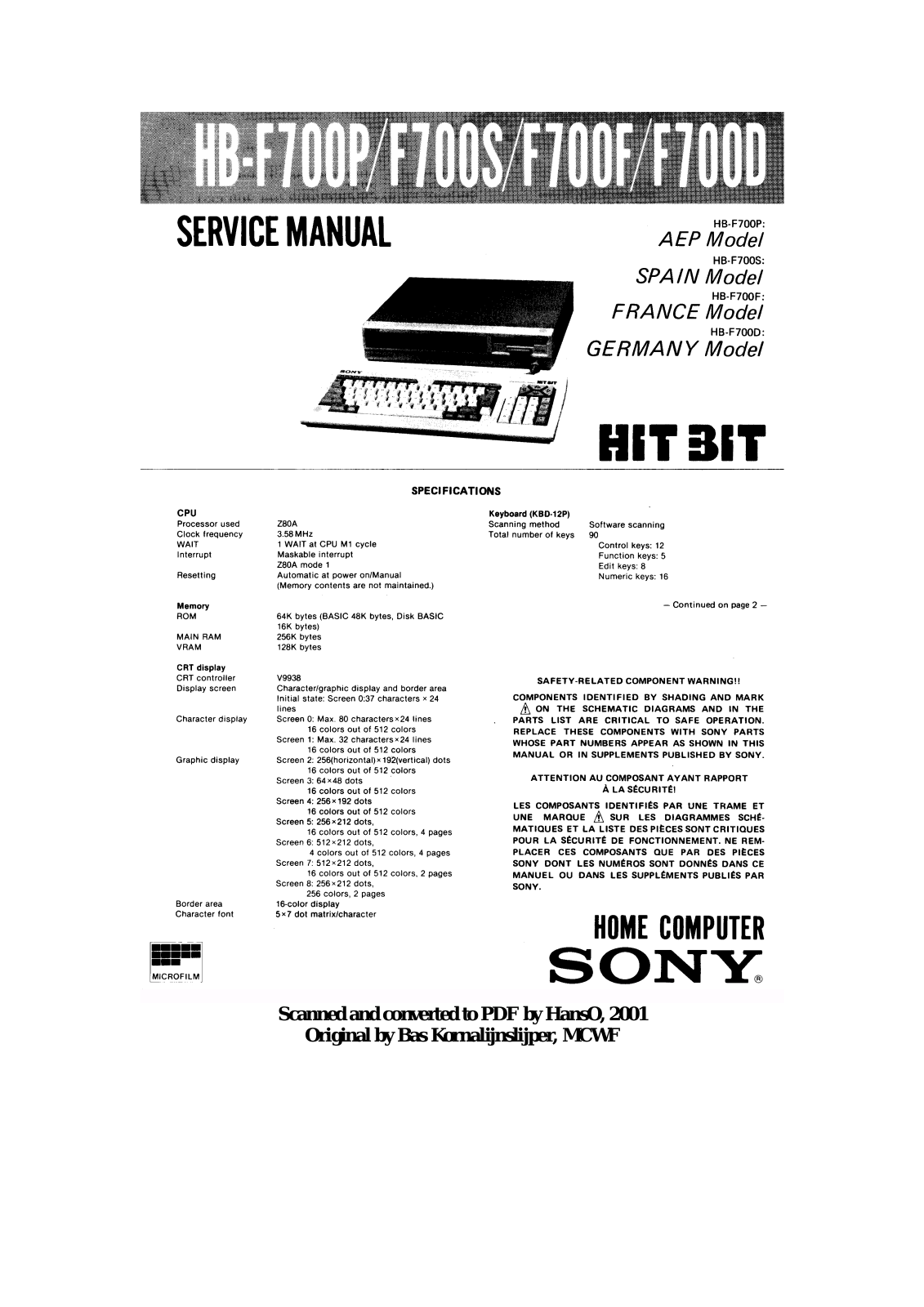 Sony HB-F700D, HB-F700F, HB-F700S, HB-F700P Service Manual