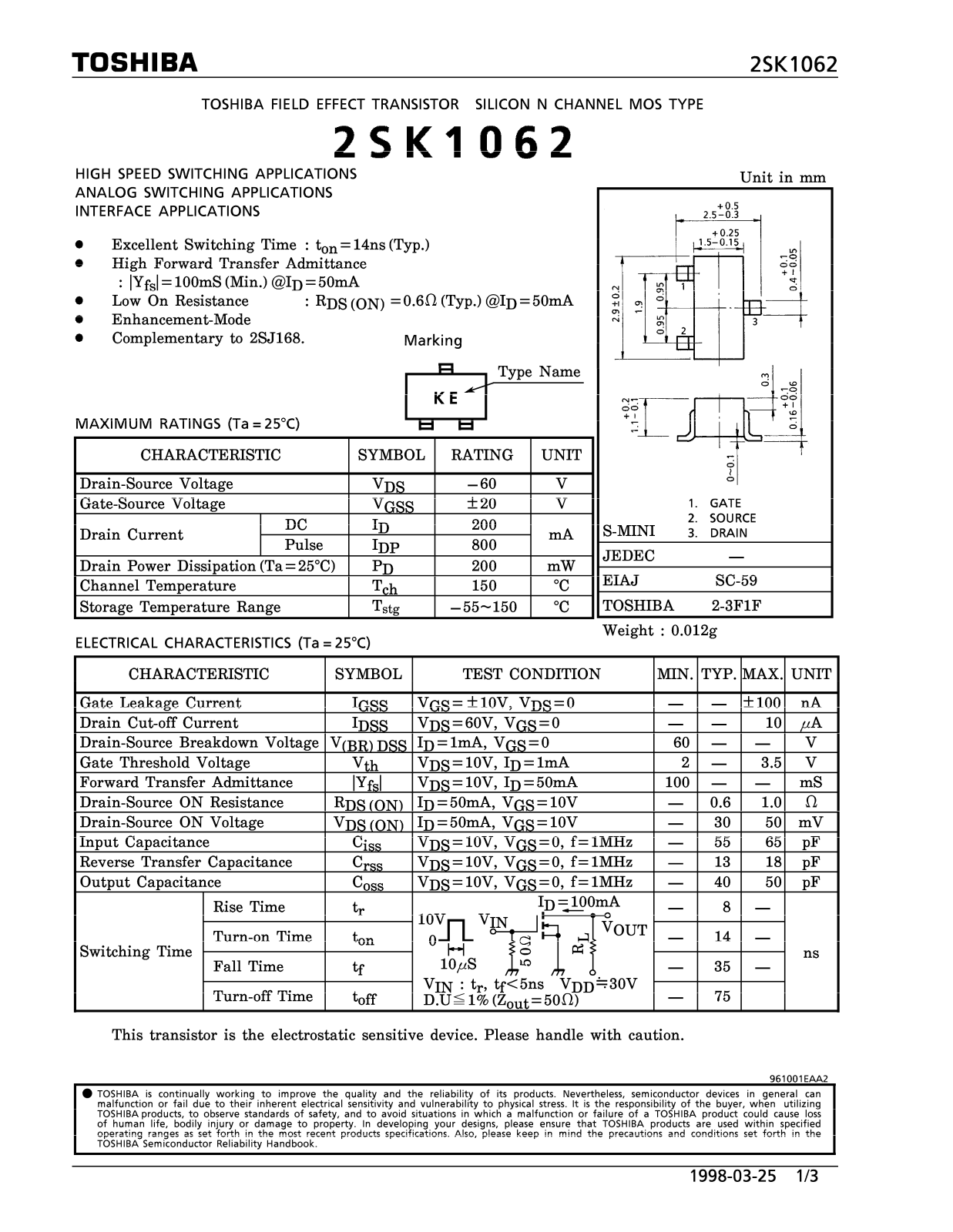 Toshiba 2SK1062 Datasheet