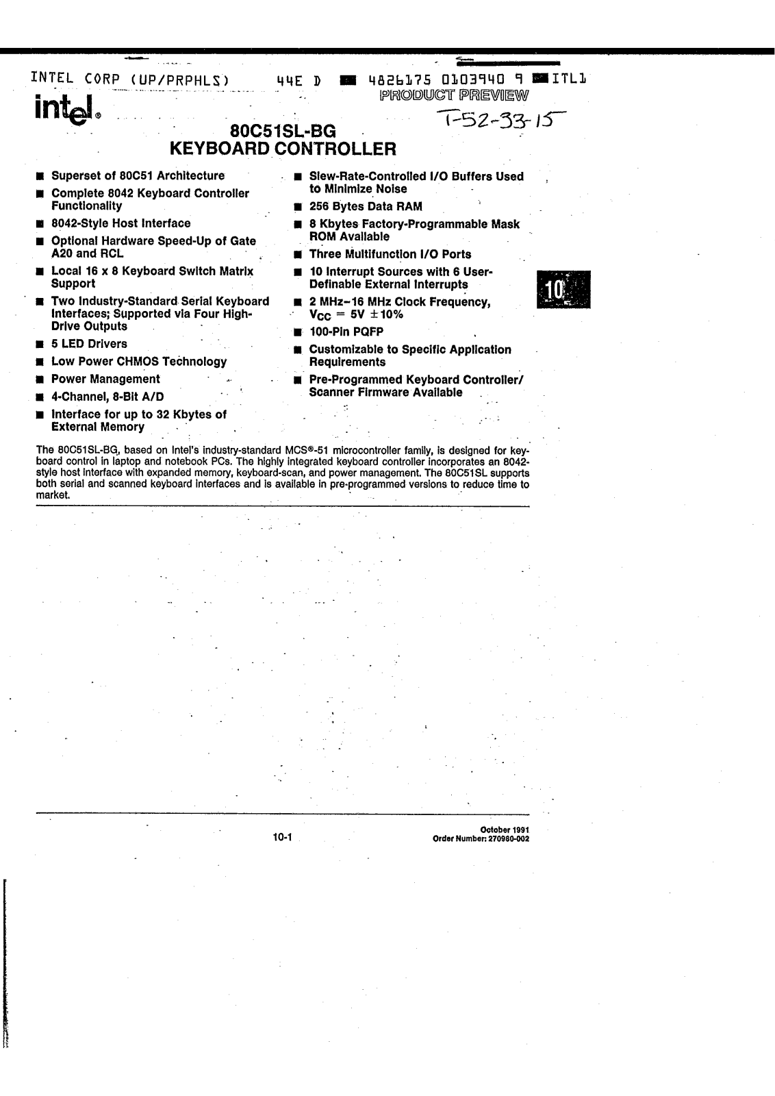 Intel Corporation KU80C51SL-BG Datasheet