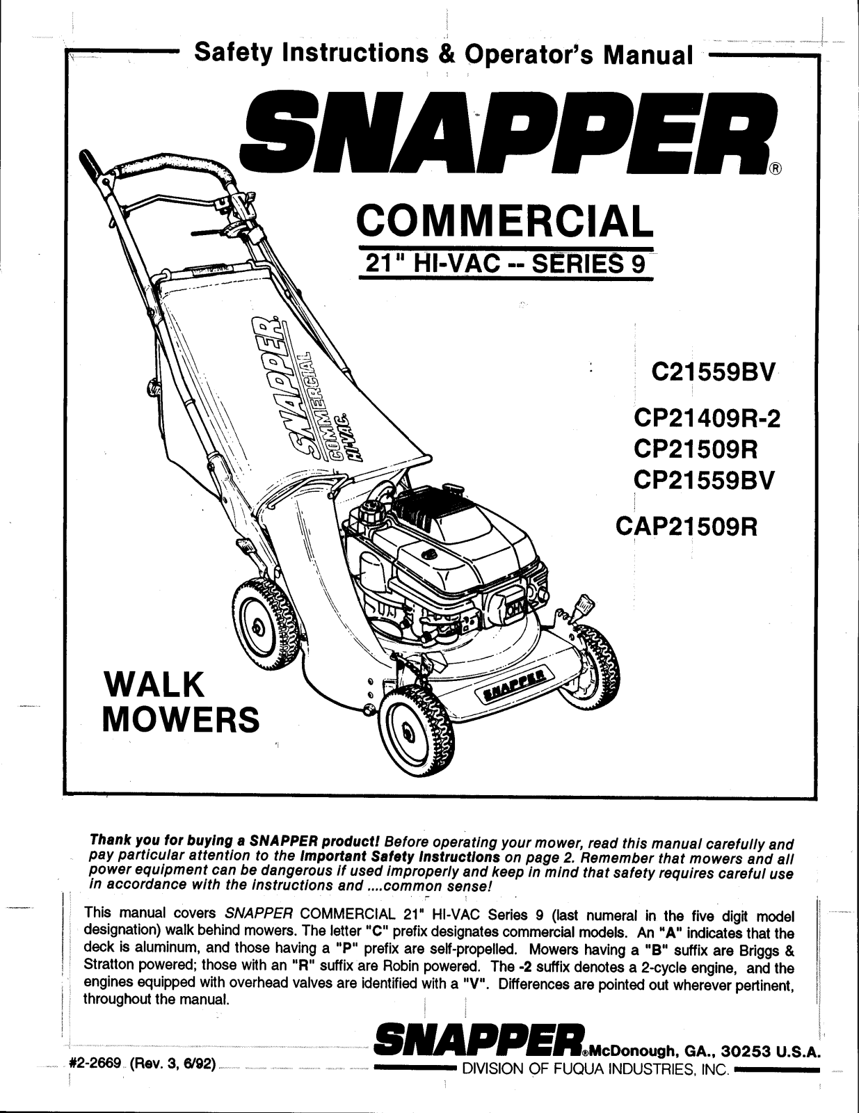 Snapper C21559BV, CAP21509R, CP21409R-2, CP21509R, CP21559BV User Manual