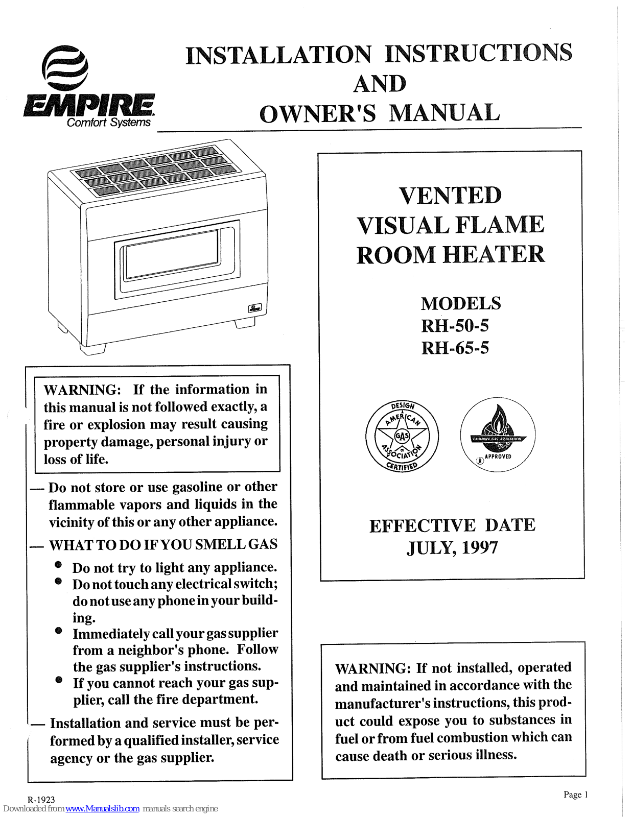 Empire Comfort Systems RH-65-5 Installation Instructions And Owner's Manual