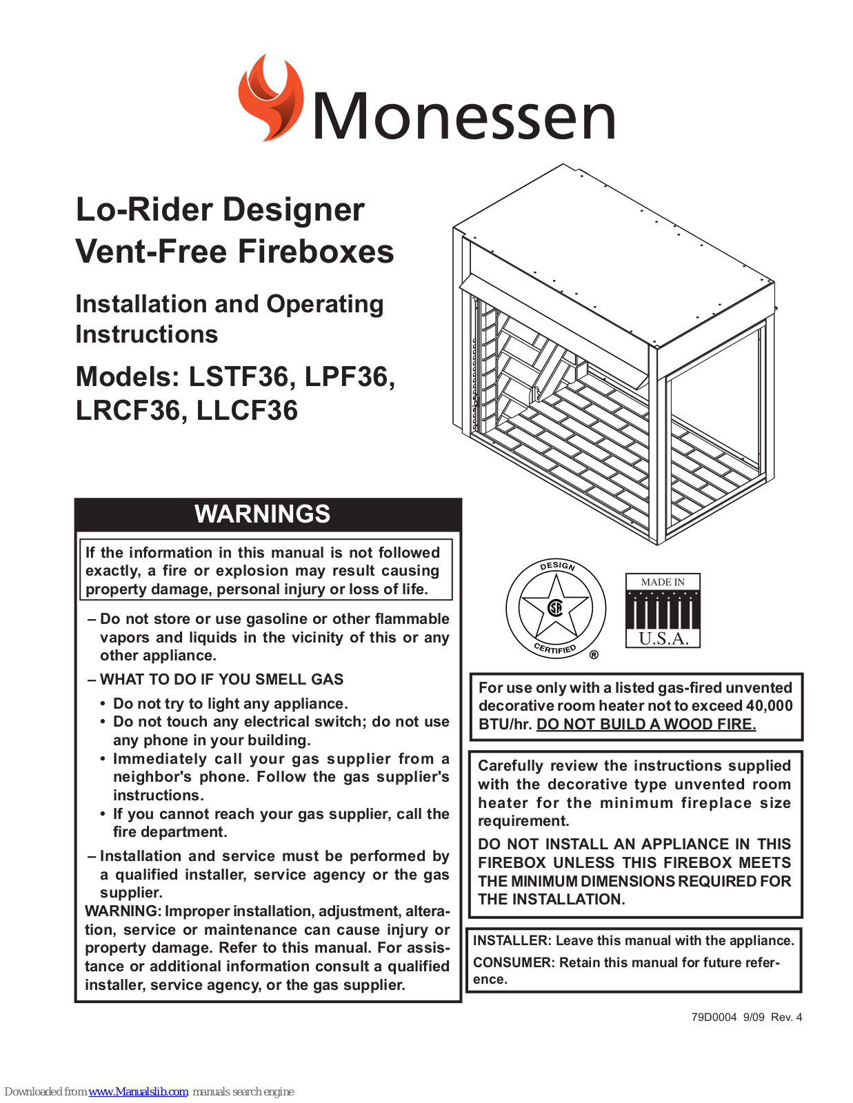 Monessen Hearth Lo-Rider LSTF36, LPF36, Lo-Rider LRCF36, Lo-Rider LLCF36, Lo-Rider LPF36 Installation And Operating Instructions Manual