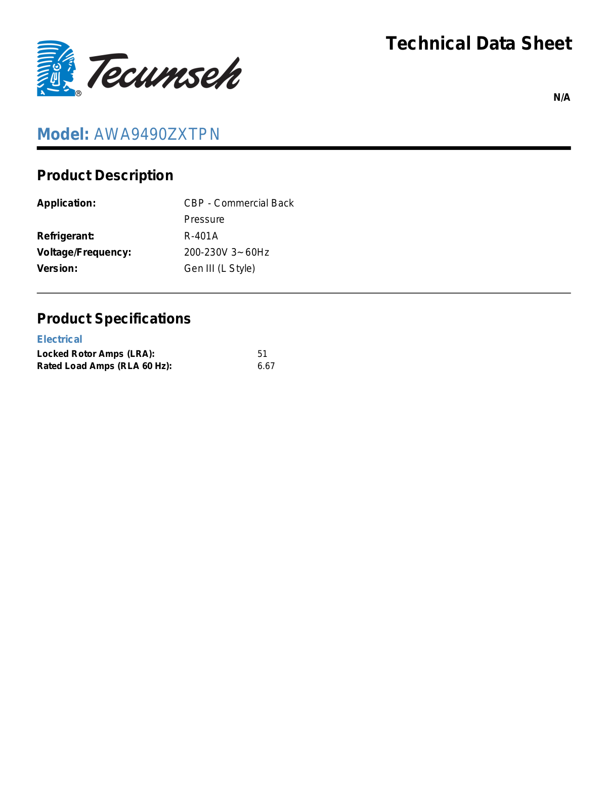 Tecumseh AWA9490ZXTPN User Manual