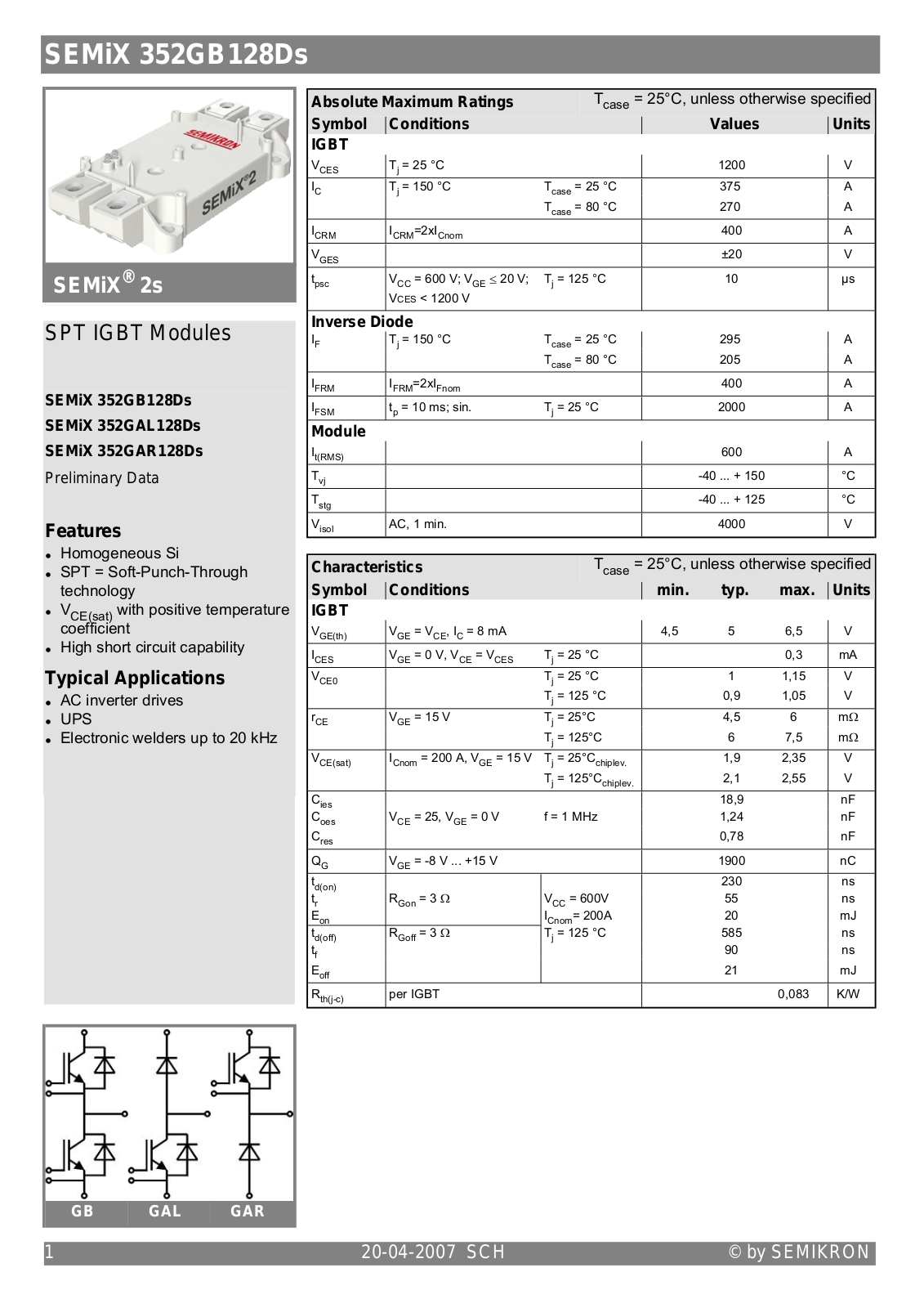 Semikron SEMIX352GB128DS Data Sheet