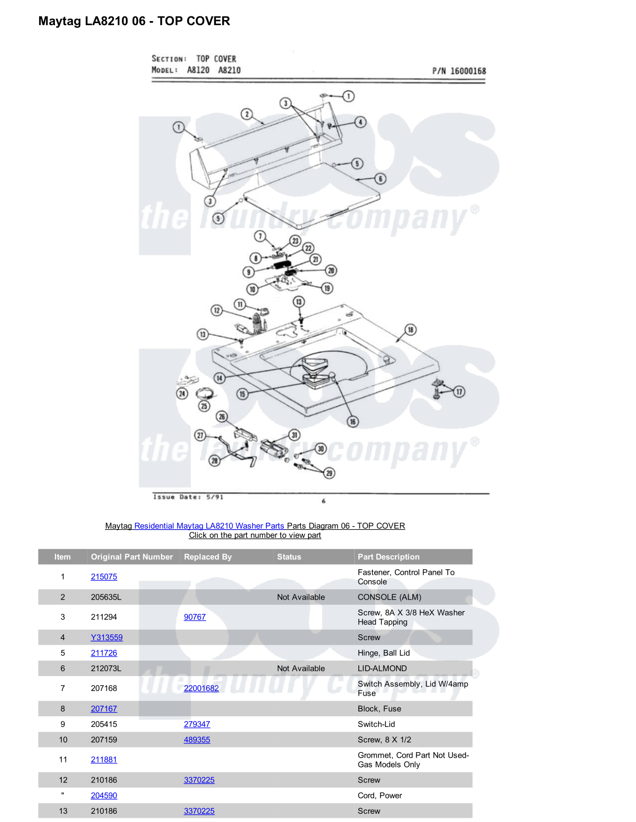 Maytag LA8210 Parts Diagram