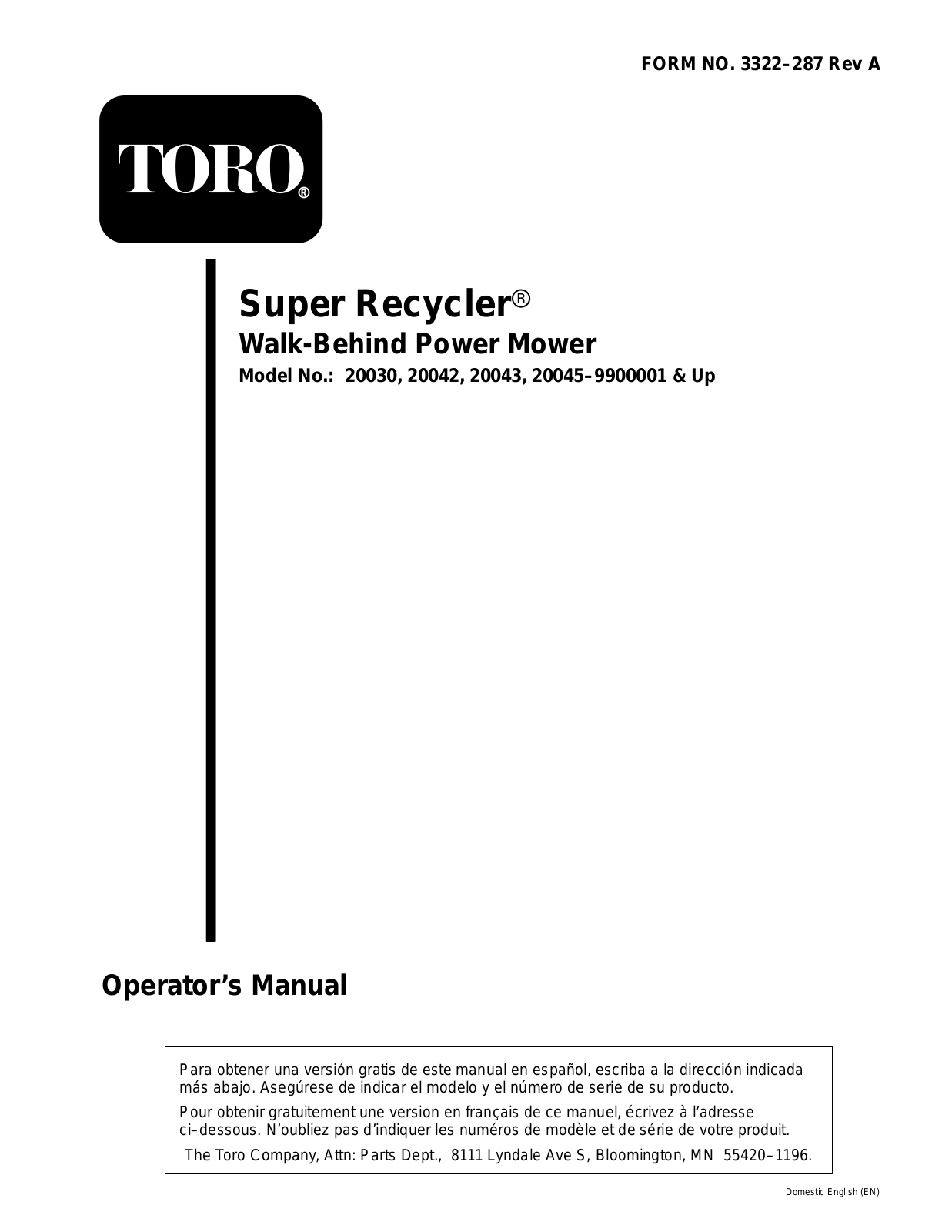 Toro 20030, 20042, 20043, 20045 Operator's Manual