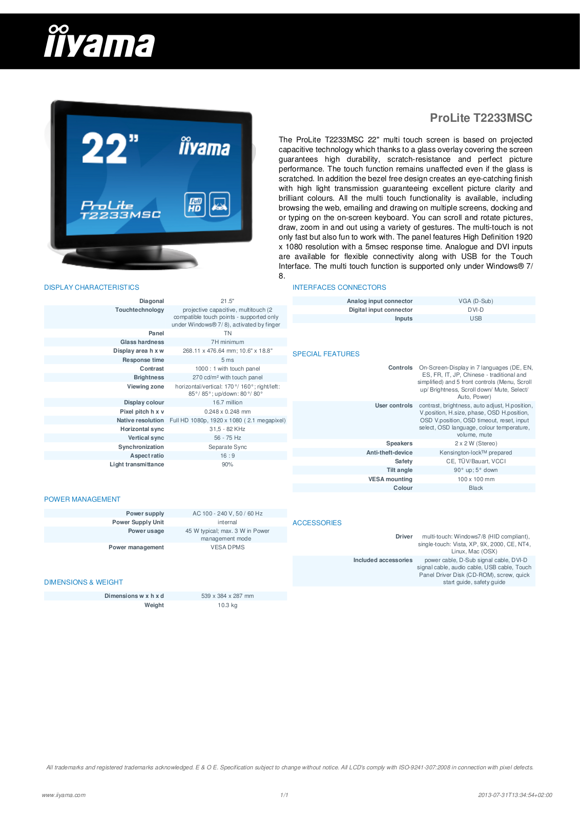 iiyama T2233MSC Reference Guide