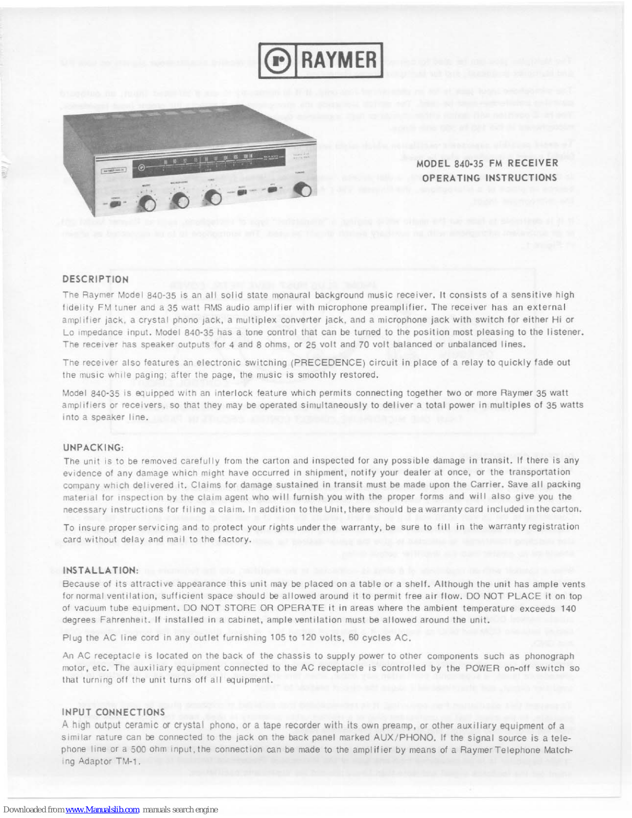 Raymer FM Receiver 840-35 Operating Instructions Manual