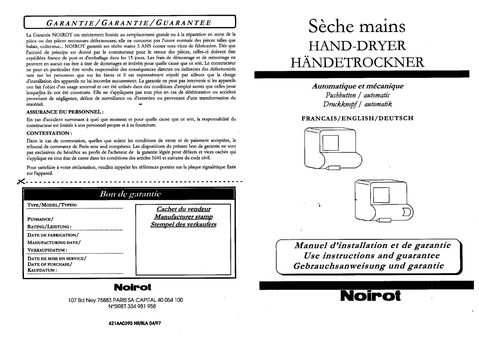 NOIROT HAND-DRYER User Manual