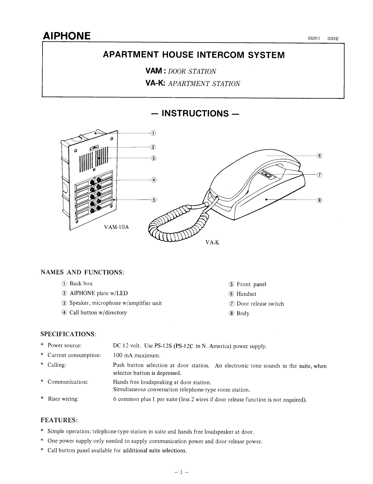 Aiphone VAM INSTALLATION INSTRUCTIONS