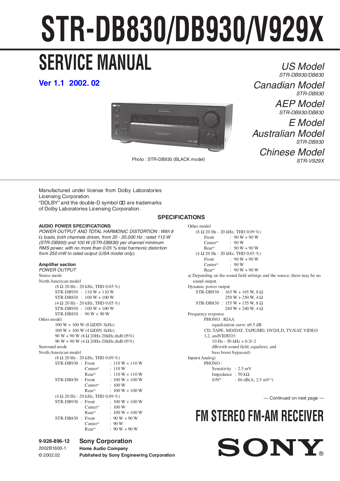Sony STR-DB830, STR-DB930, STR-V929X Service manual