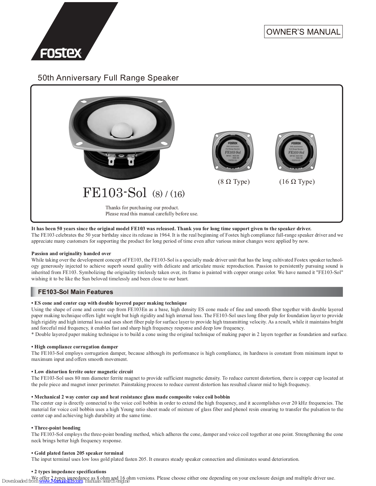 Fostex FE103-Sol, FE103-Sol 8, FE103-Sol 16 Owner's Manual