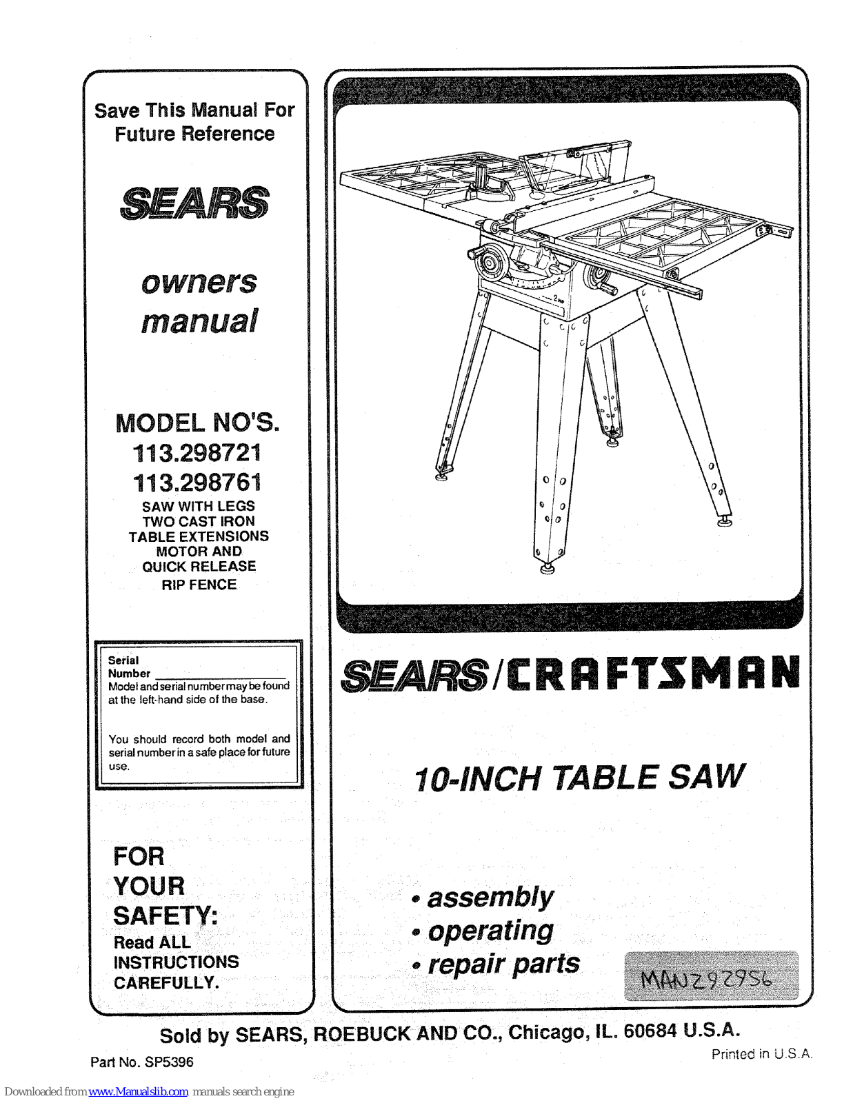 Sears 113.298721, 113.298761, 298721 Owner's Manual - ManualMachine.com