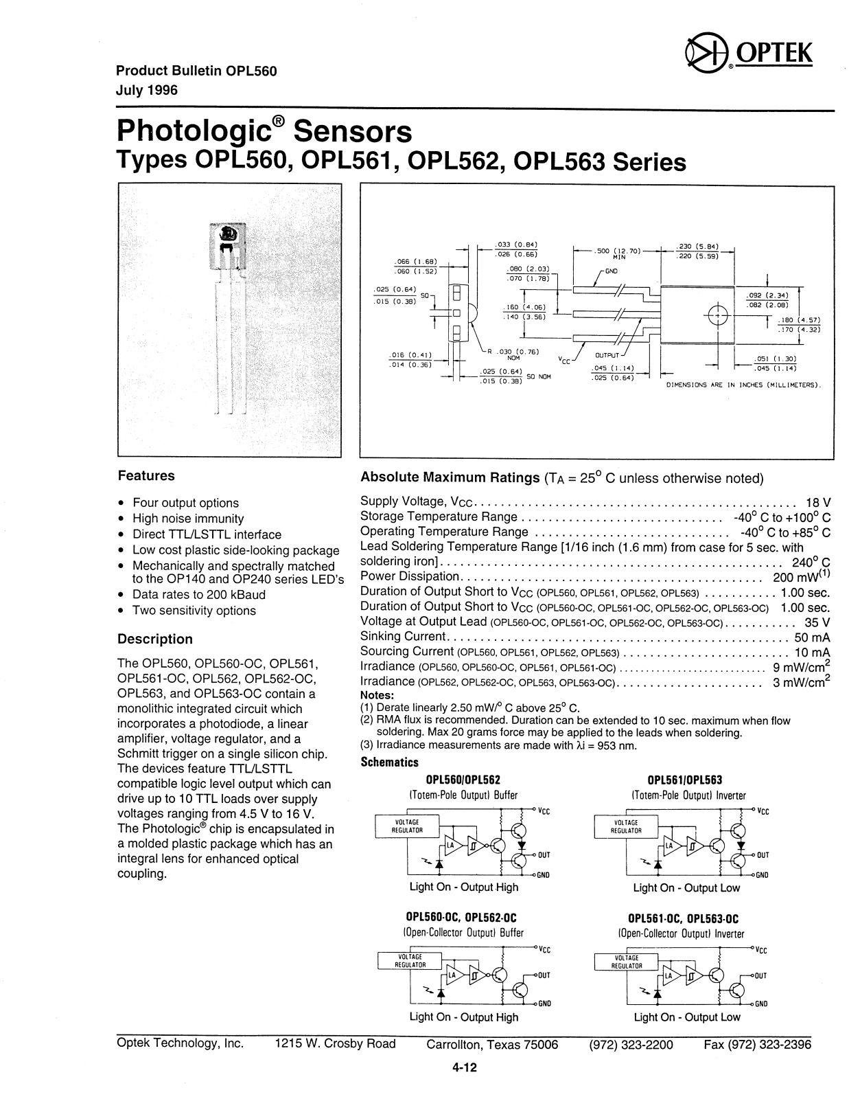 OPTEK OPL562-OC, OPL563-OC, OPL563, OPL562, OPL561 Datasheet