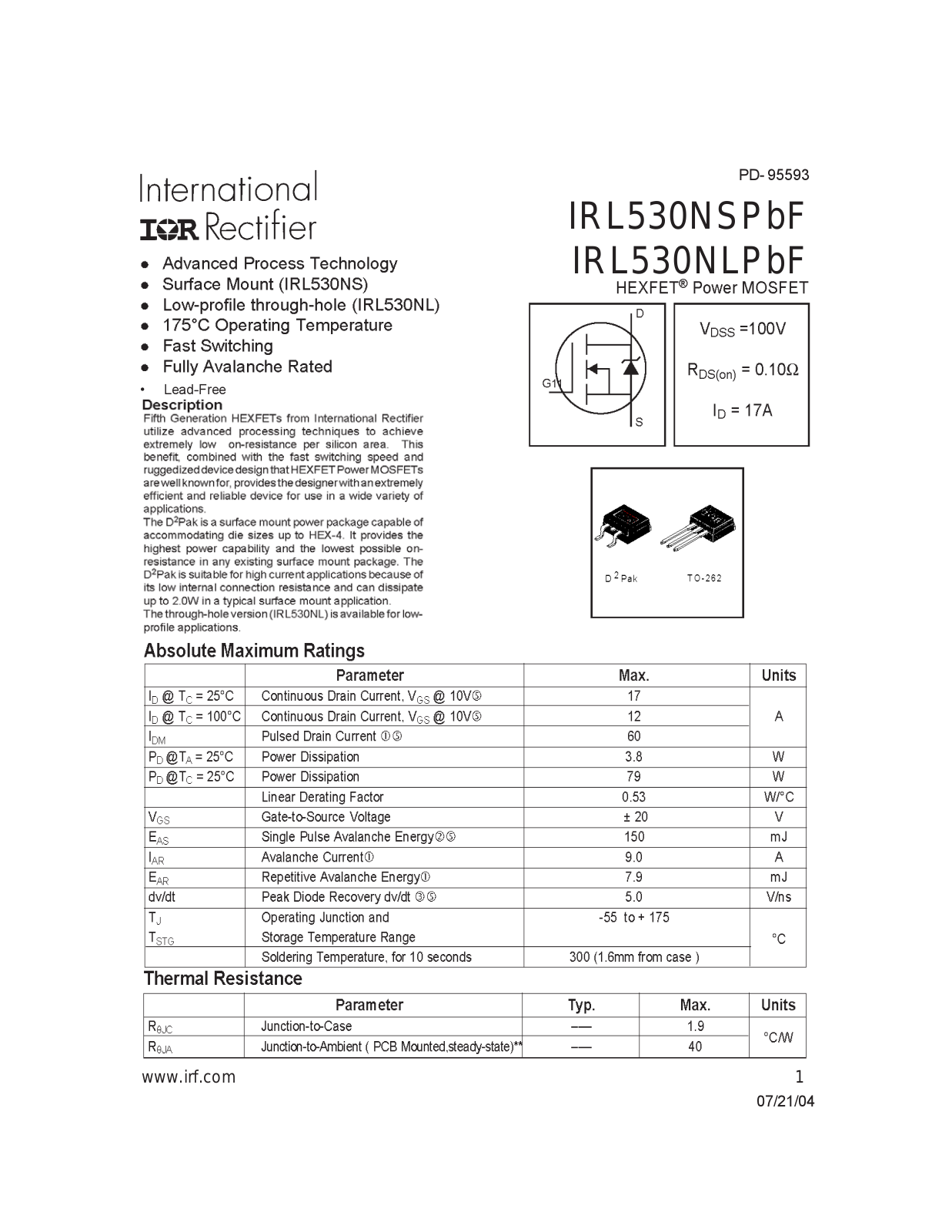 Datasheet IRL 530NS Datasheet - ManualMachine.com