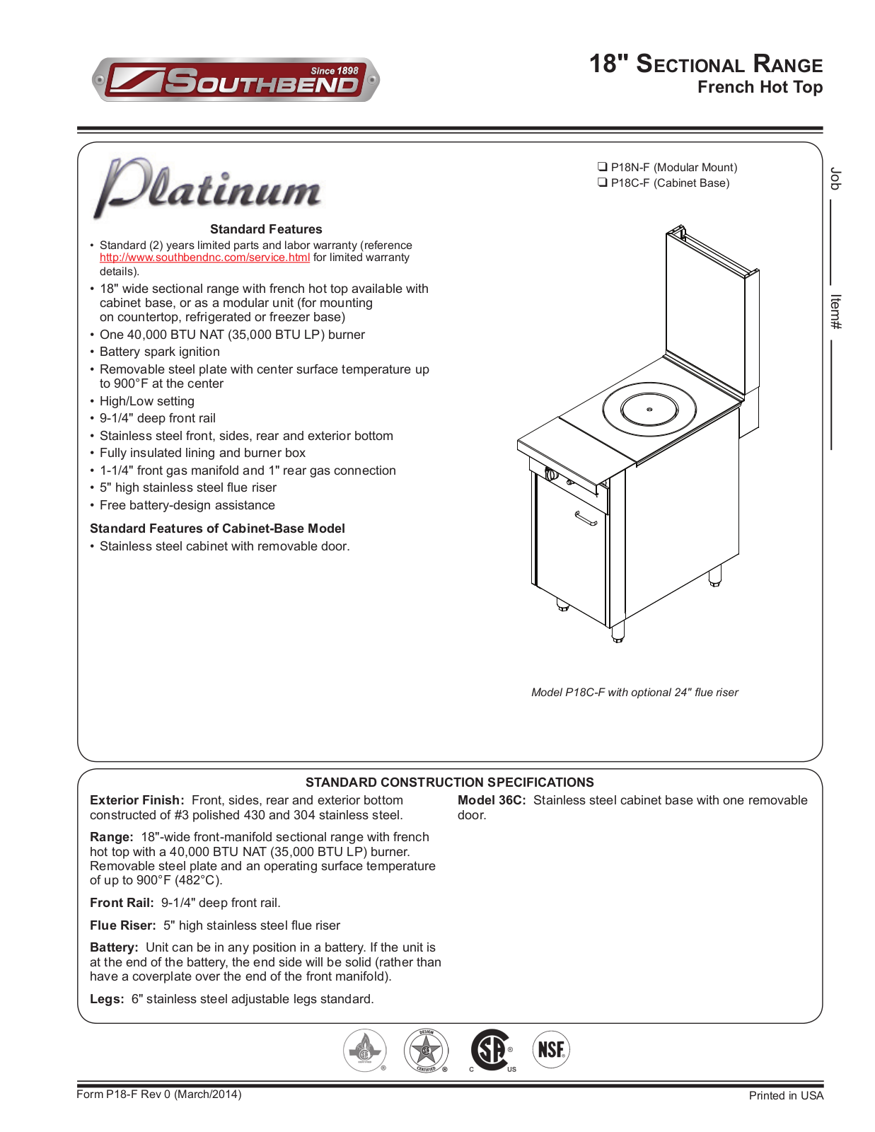 Southbend P18CF Product Sheet