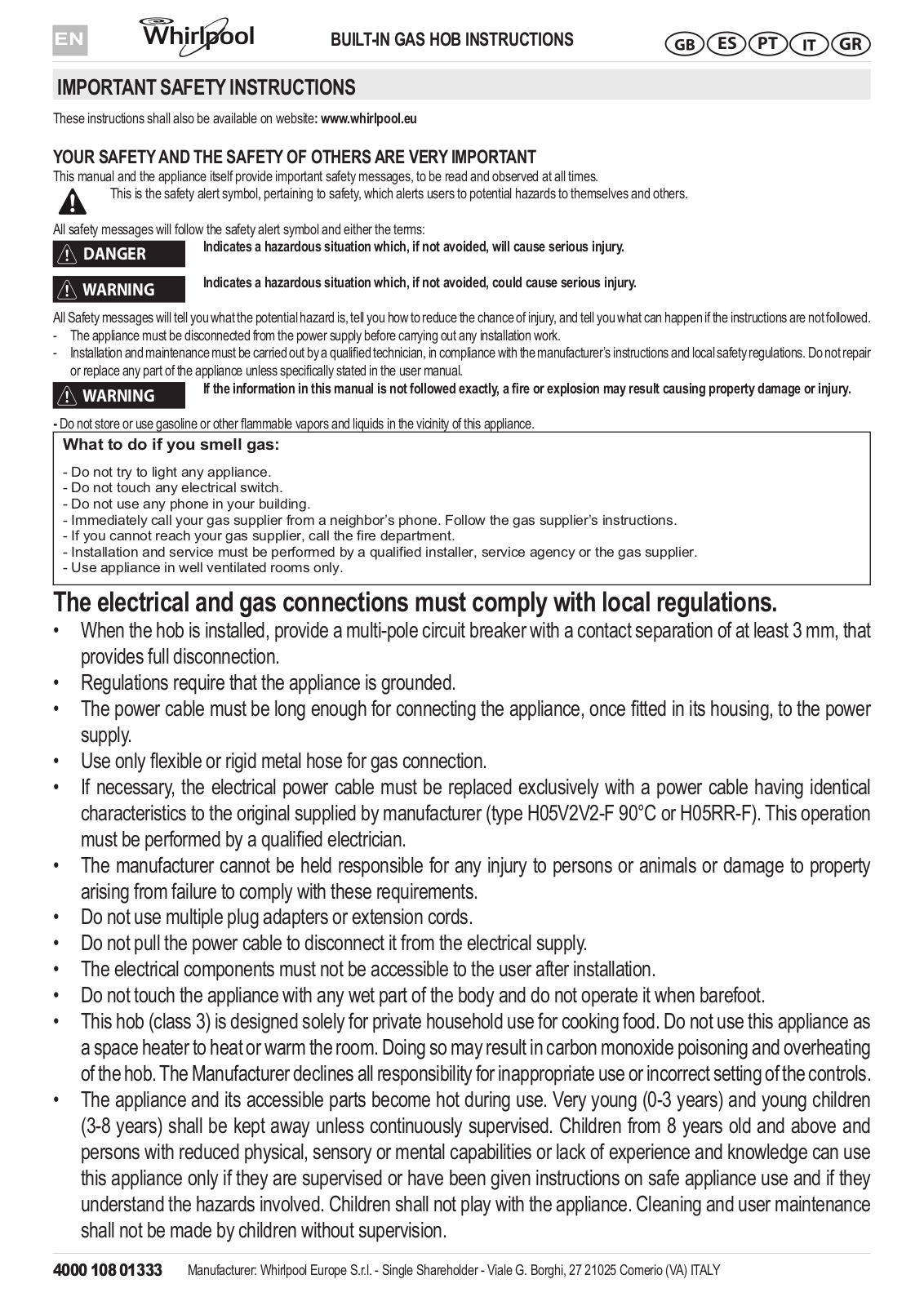 WHIRLPOOL AKR 310/IX User Manual