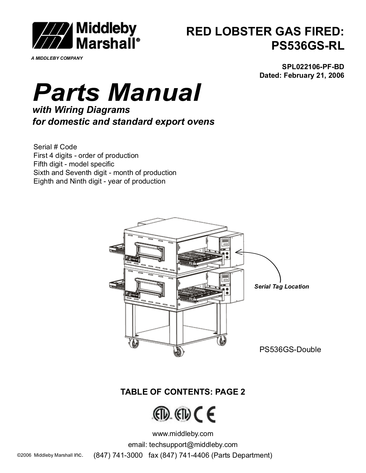 Middleby PS536GS-RL PARTS LIST