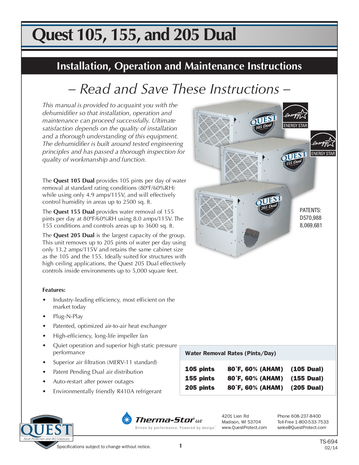 Sunlight Supply Quest Dual 155 Overhead Dehumidifier User Manual