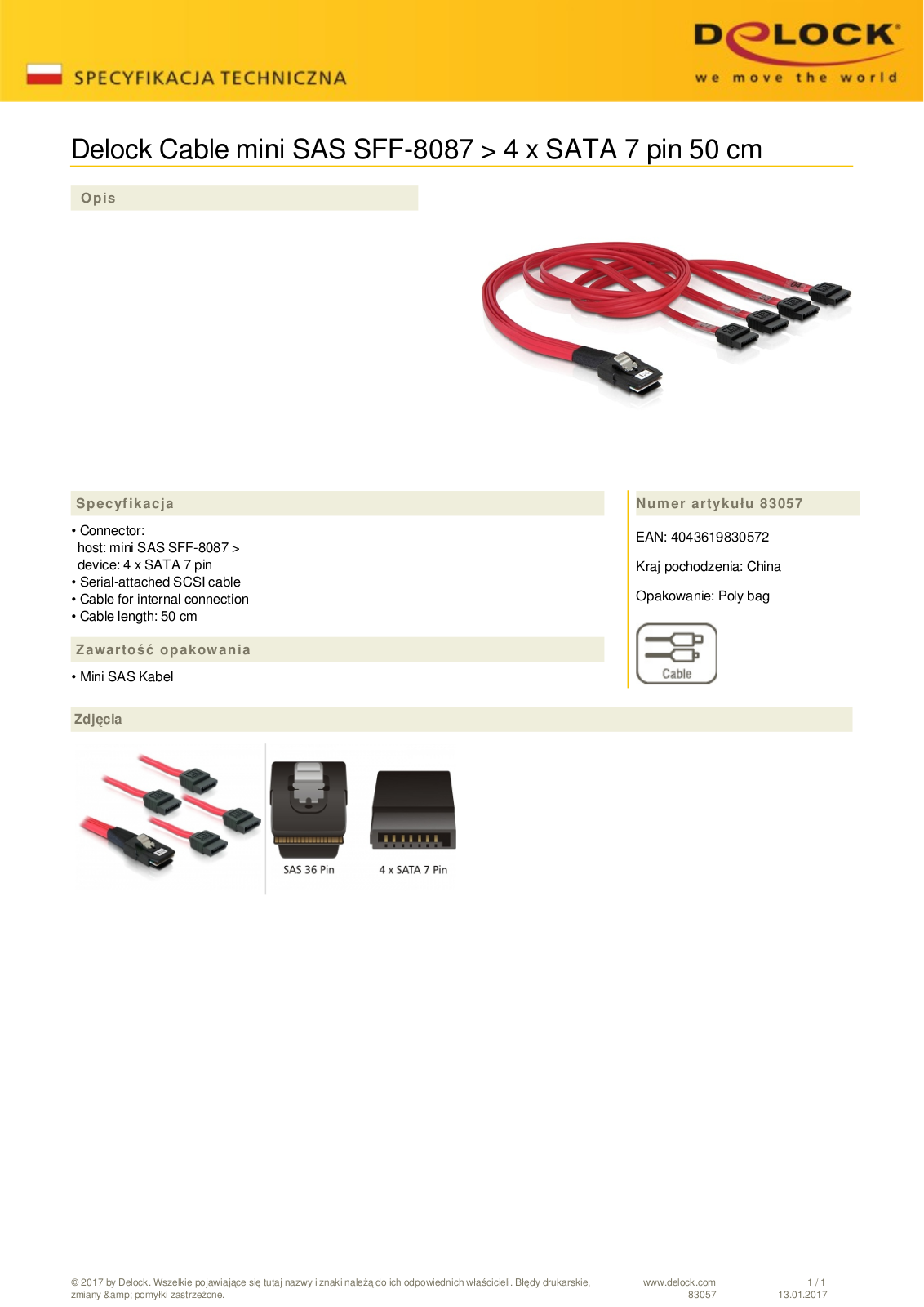 DeLOCK mini SAS x4  SFF-8087  to 4x SATA cable, 0.5m User Manual