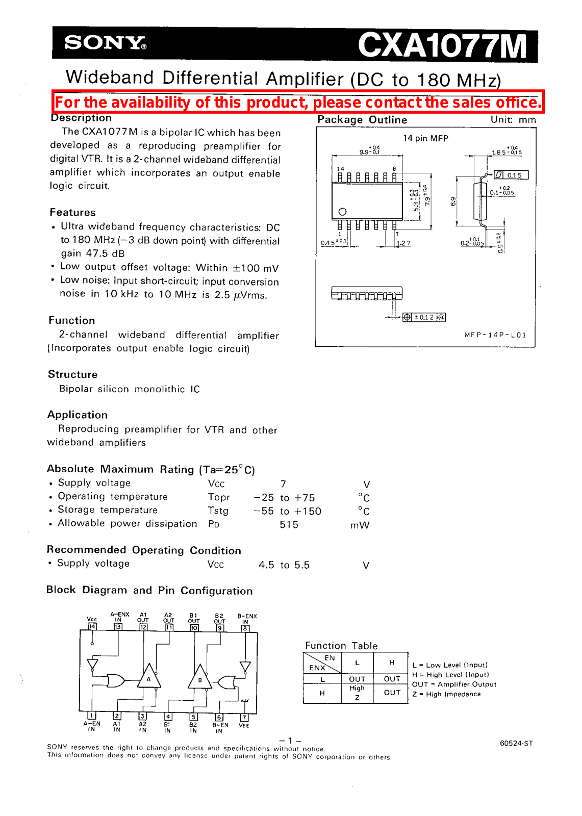 Sony CXA1077M Datasheet