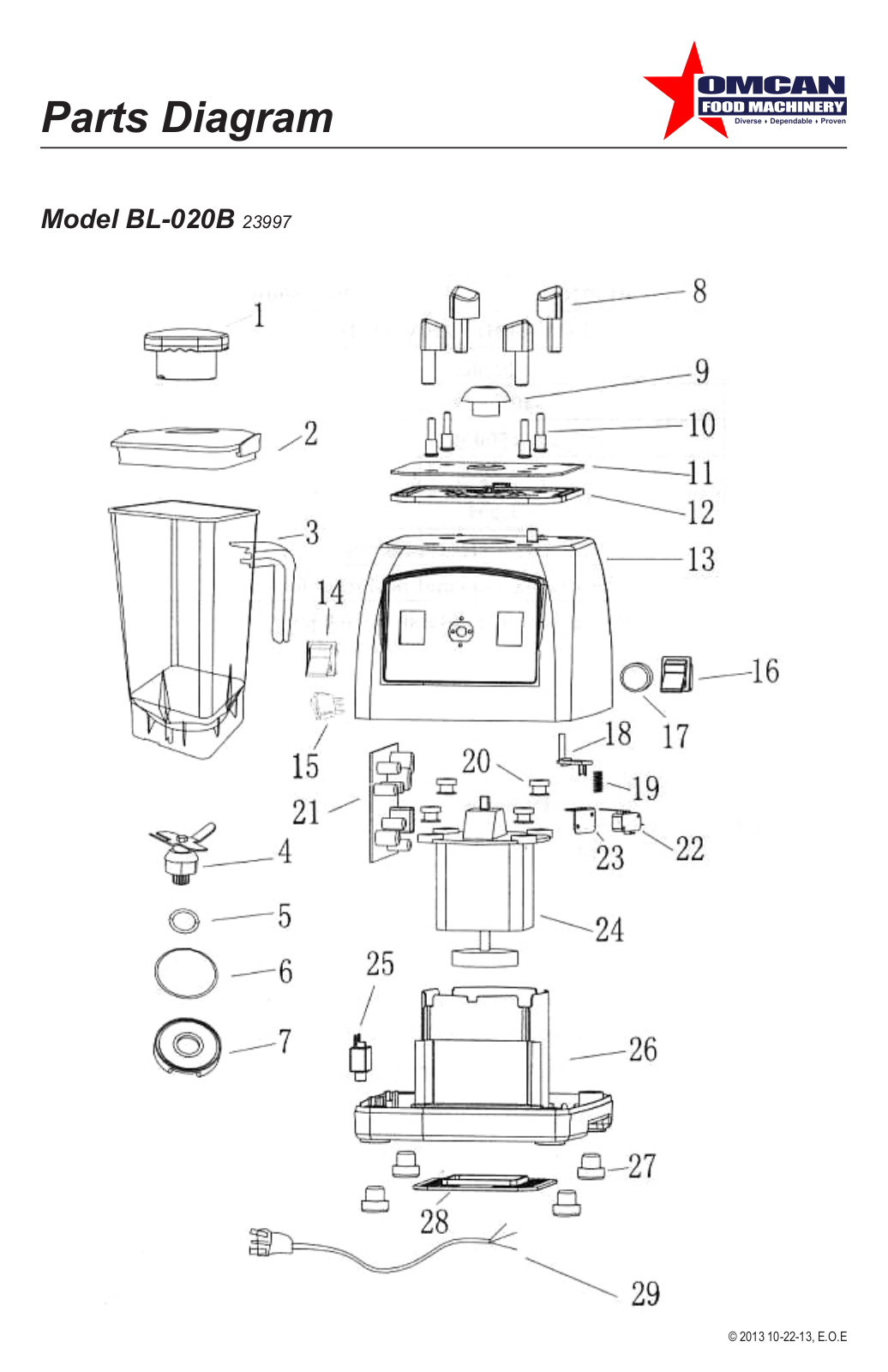 Omcan Food Machinery BL-020B Parts List