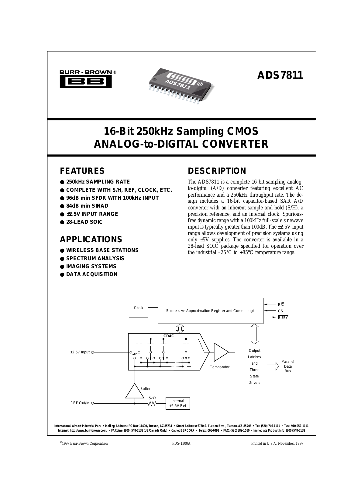 Burr Brown Corporation ADS7811U-1K, ADS7811U Datasheet