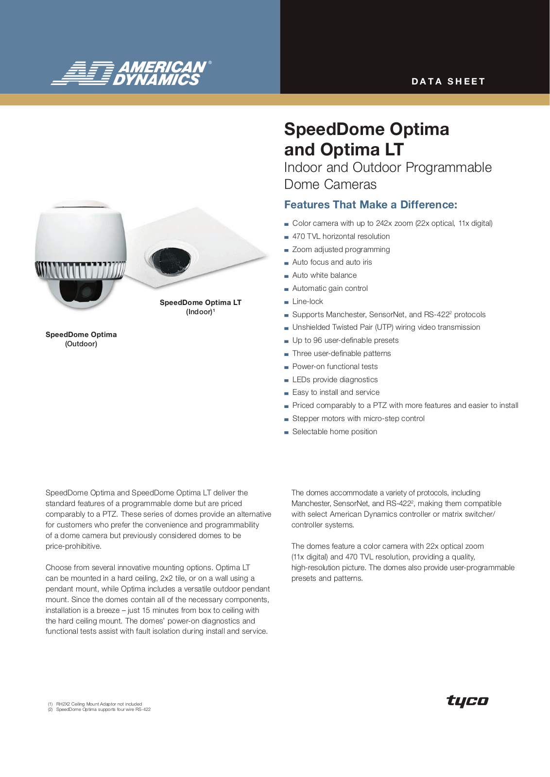 American Dynamics RASELHC, RASELHS, RASELPC, RASELPS, RASONPC Specsheet