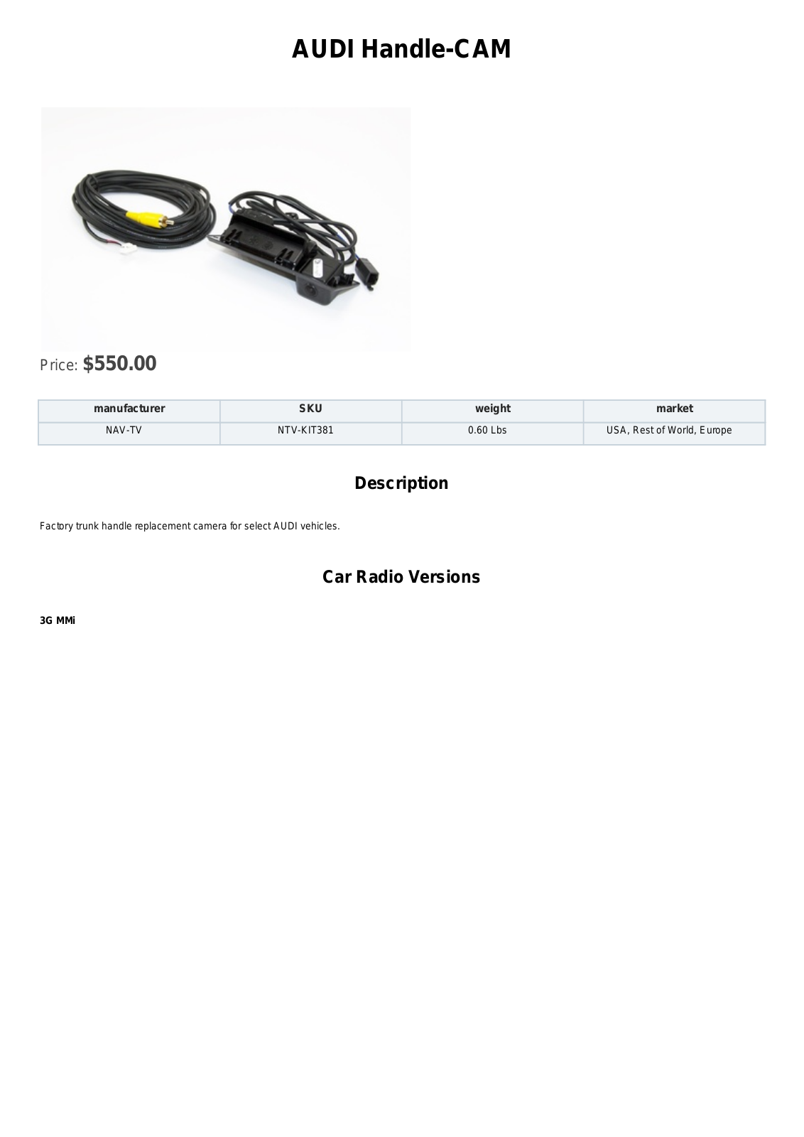 NAV-TV AUDI Handle-CAM Specification Sheet