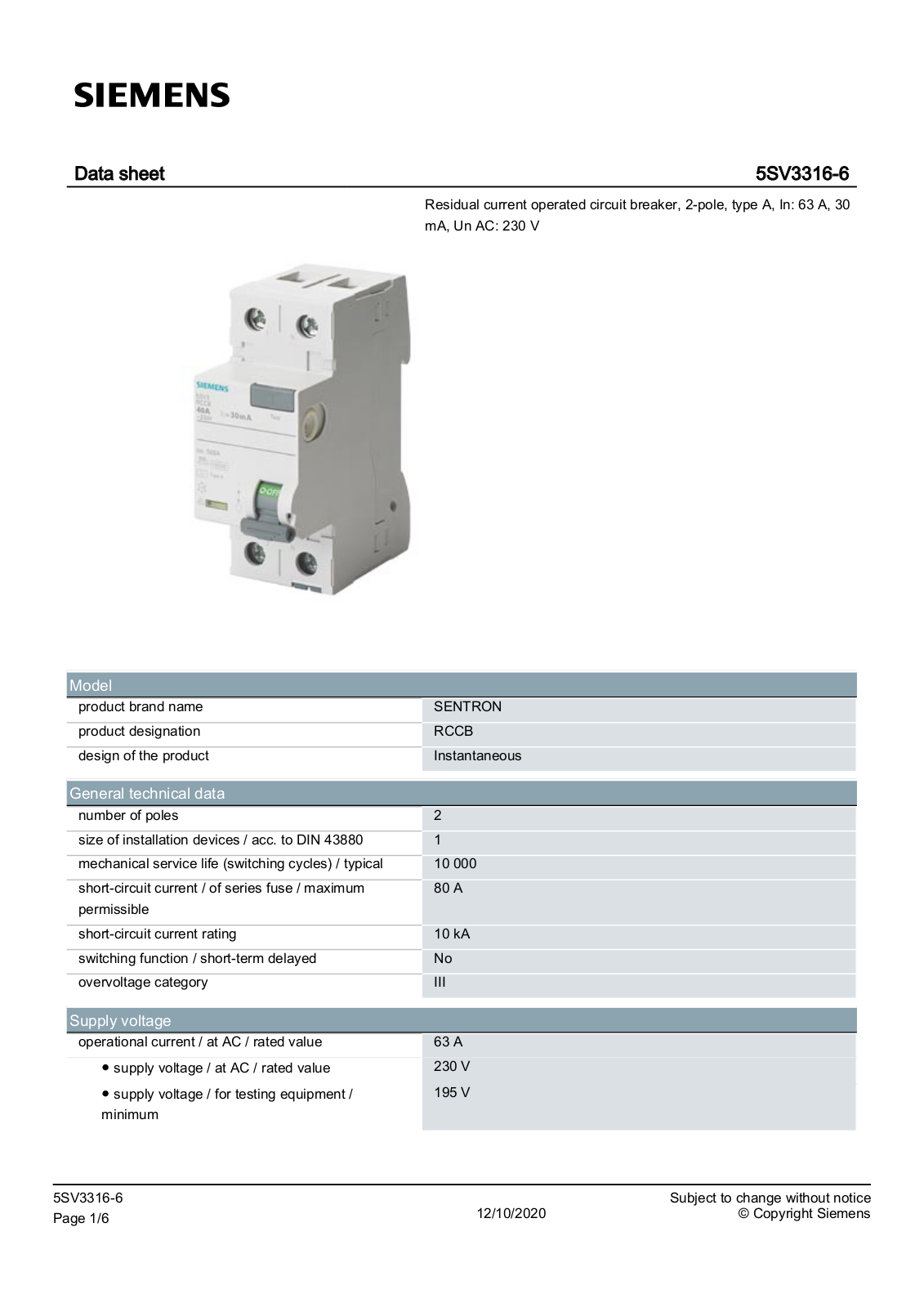 Siemens 5SV3316-6 data sheet