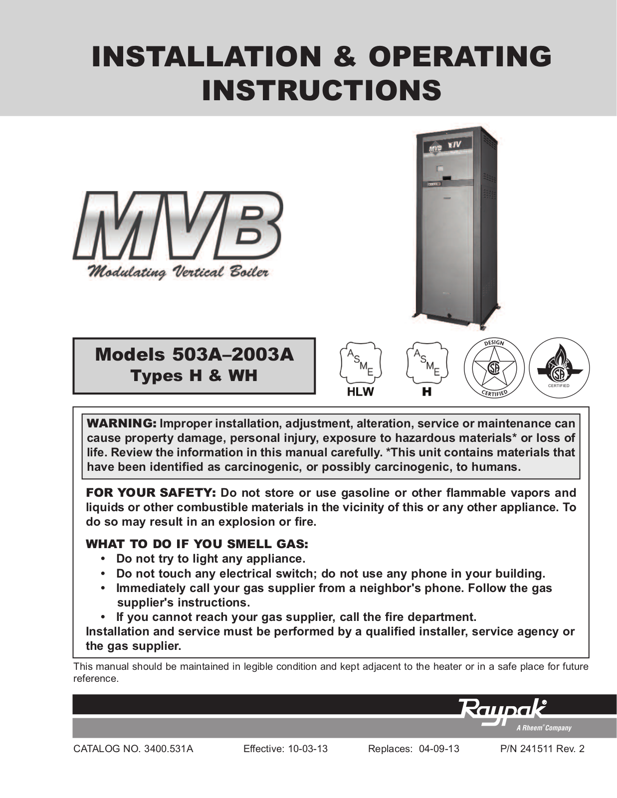 Raypak H7-1003A Installation  Manual