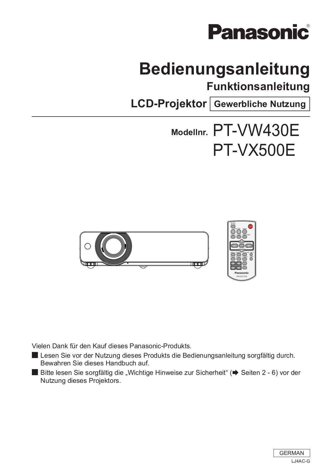 Panasonic PT-VX500E Operating Instruction