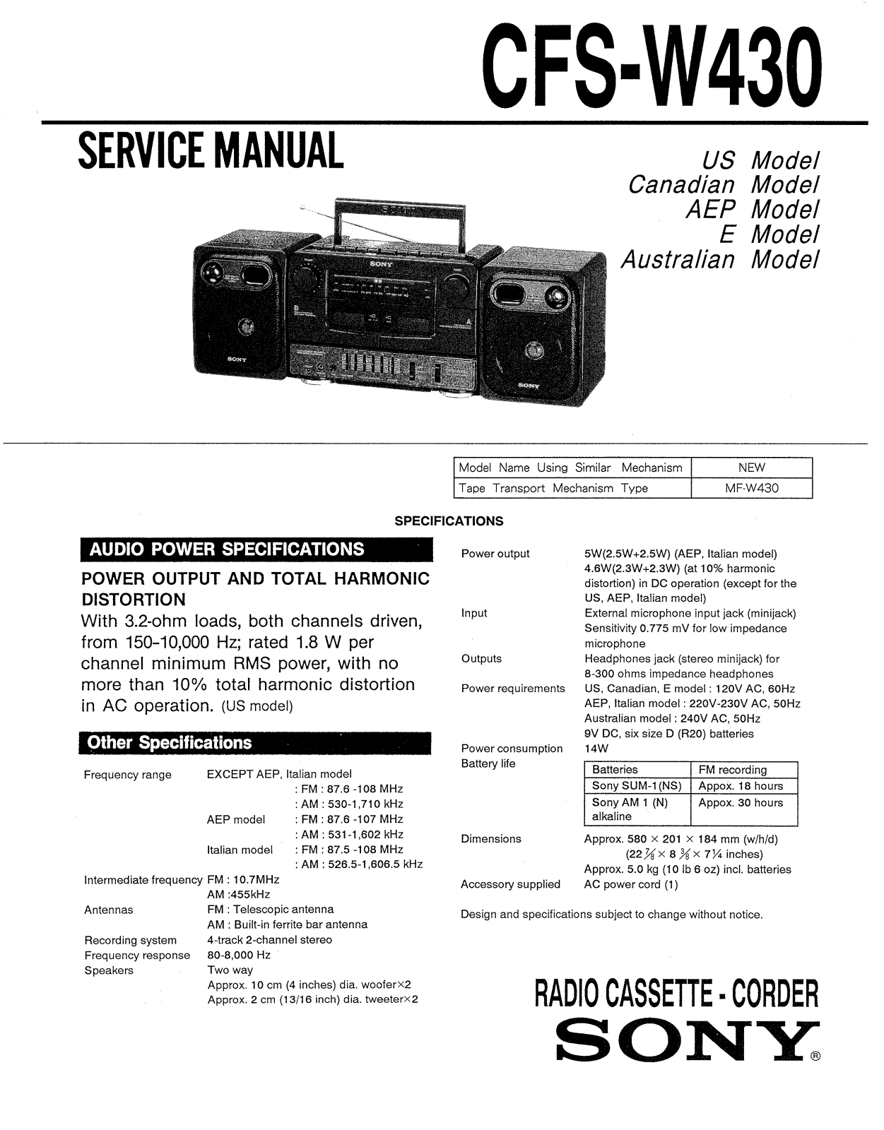 Sony CFSW-430 Service manual