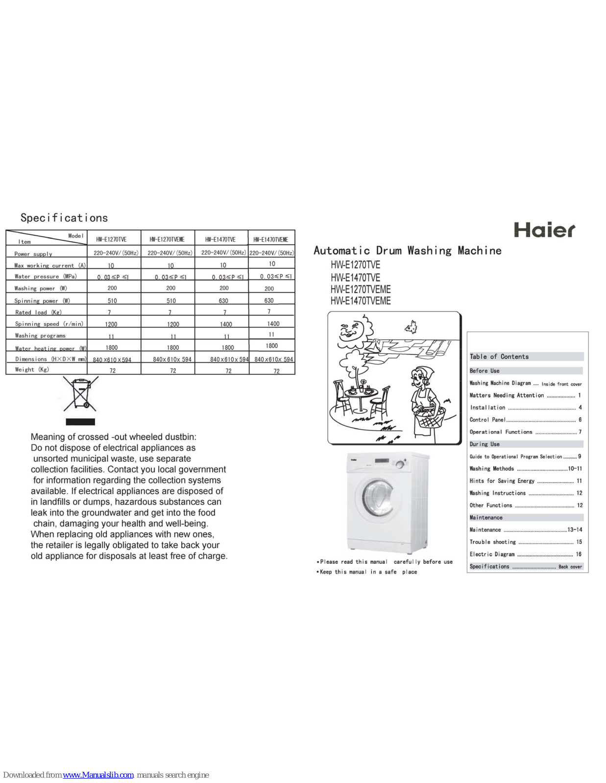 Haier HW-E1270TVE, HW-E1270TVEME, HW-E1470TVE, HW-E1470TVEME User Manual