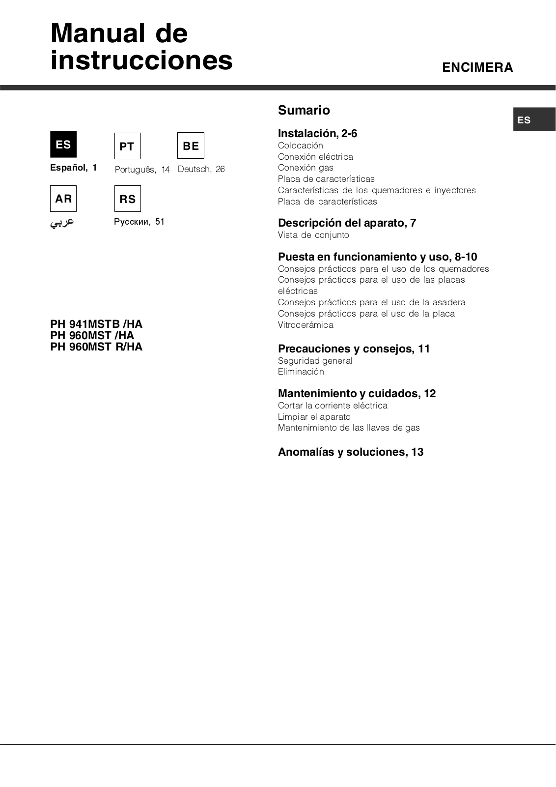 Hotpoint-ariston PH 960 MST IX User Manual