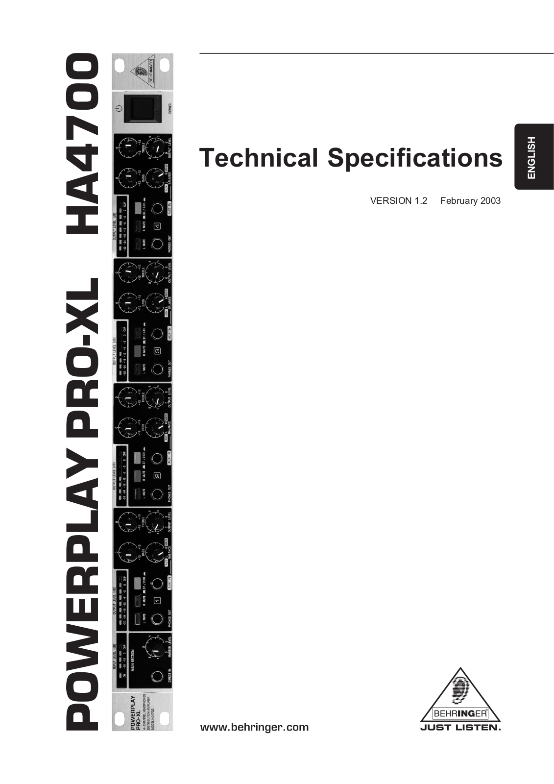 Behringer Powerplay Pro-XL HA4700 Specification Sheet