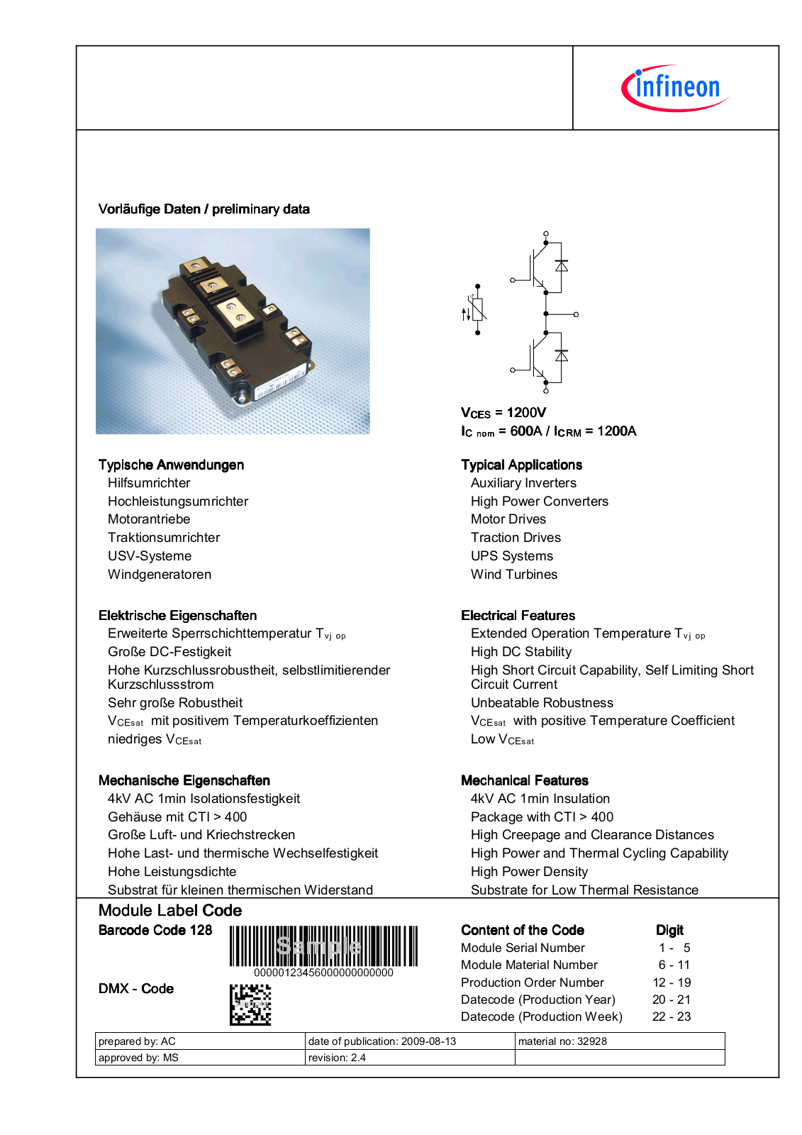 Infineon FF600R12IP4 Data Sheet