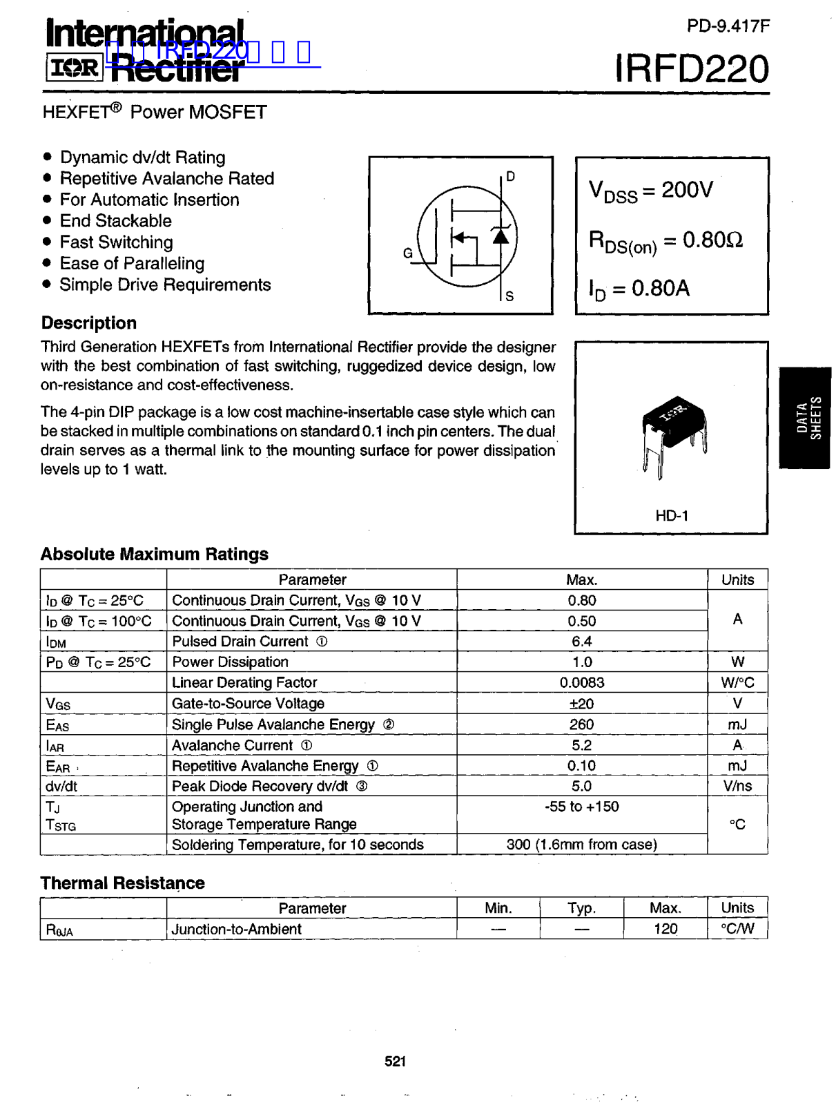 IOR IRFD220 User Manual