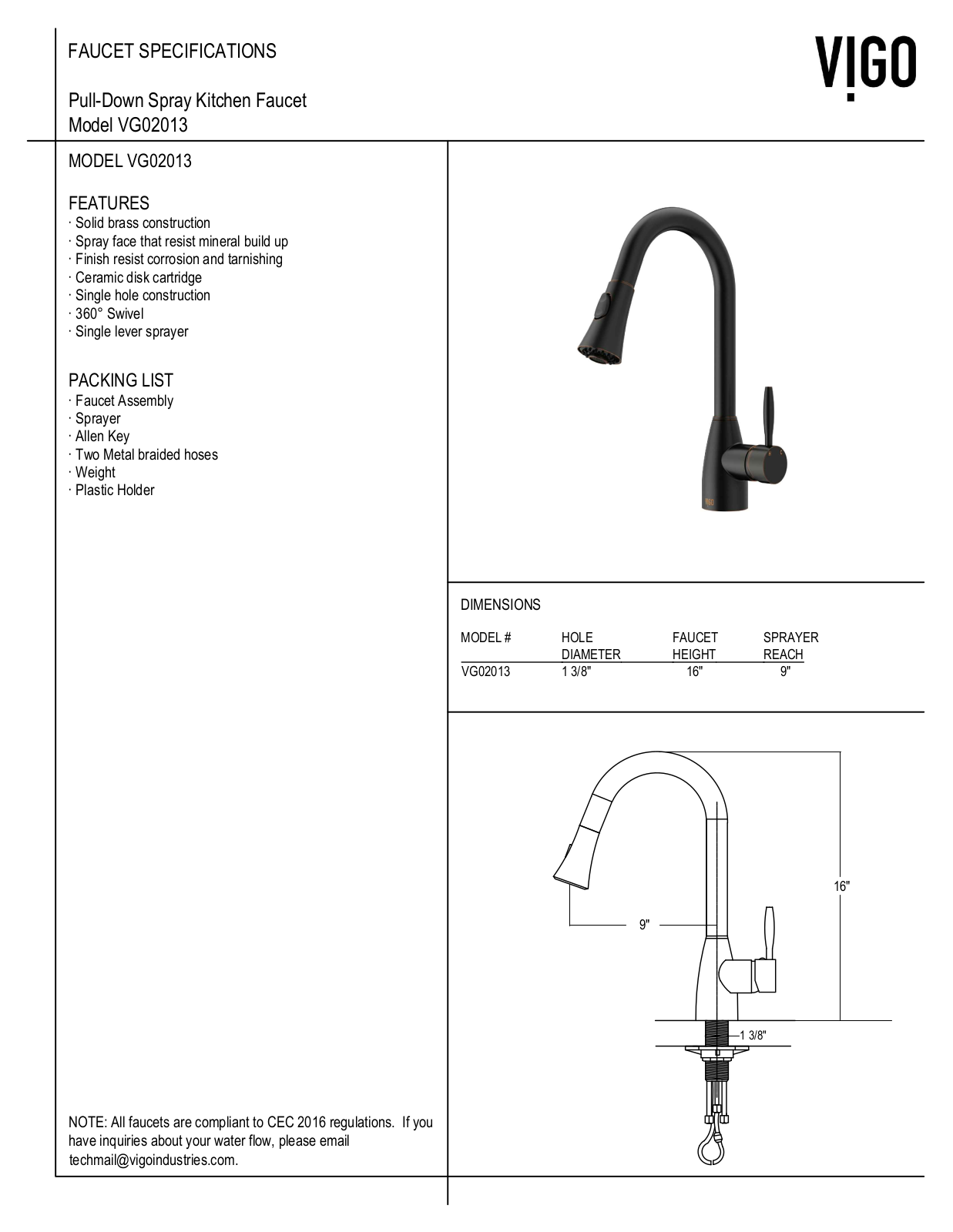 Vigo VG15144, VG15160, VG15233, VG15260, VG15458 Specifications