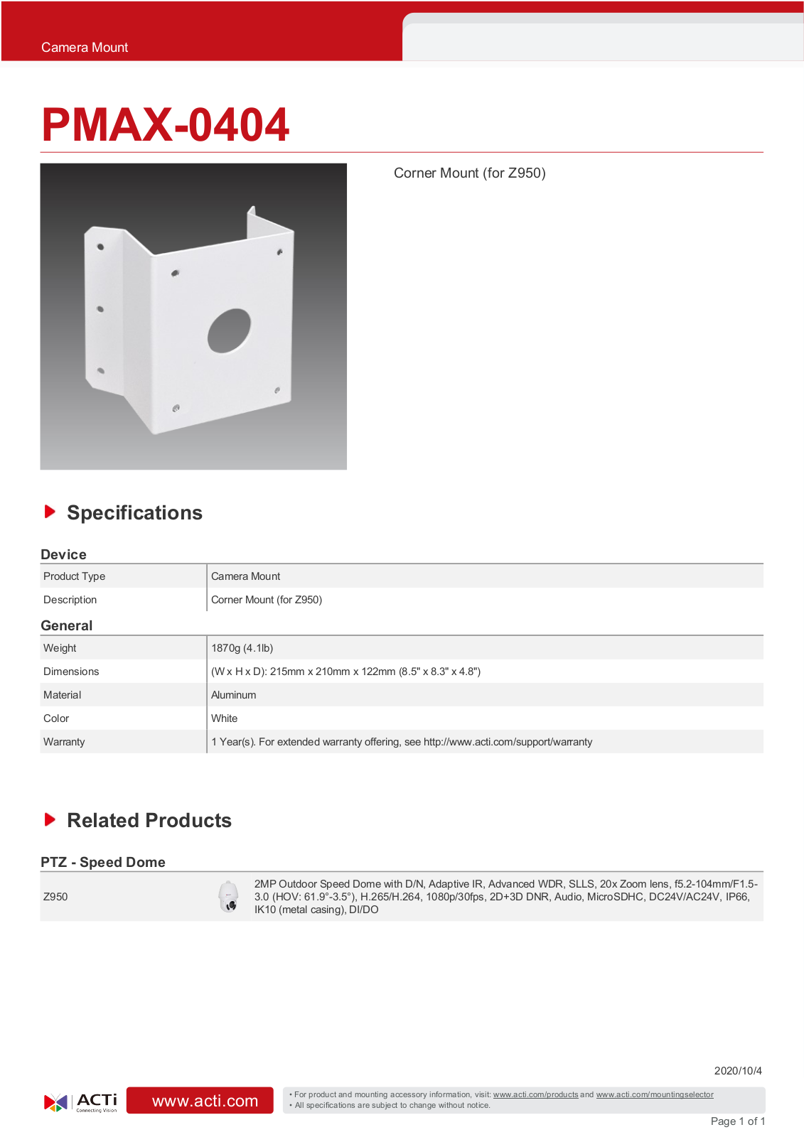 ACTi PMAX-0404 Specsheet