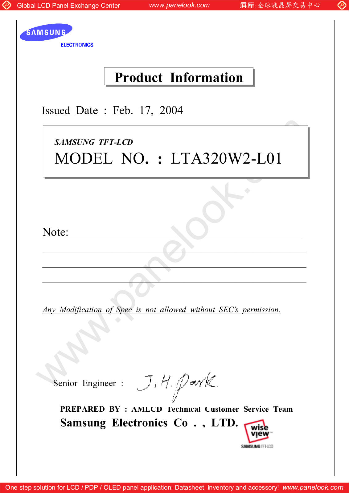 SAMSUNG LTA320W2-L01 Specification